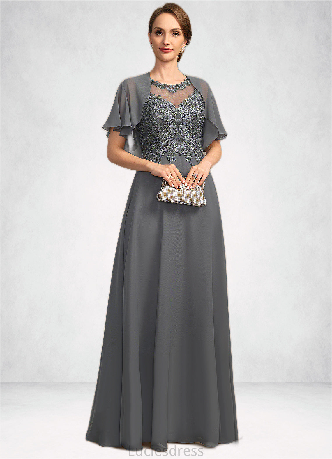 Valentina A-line Scoop Illusion Floor-Length Chiffon Lace Mother of the Bride Dress With Sequins HFP0021921