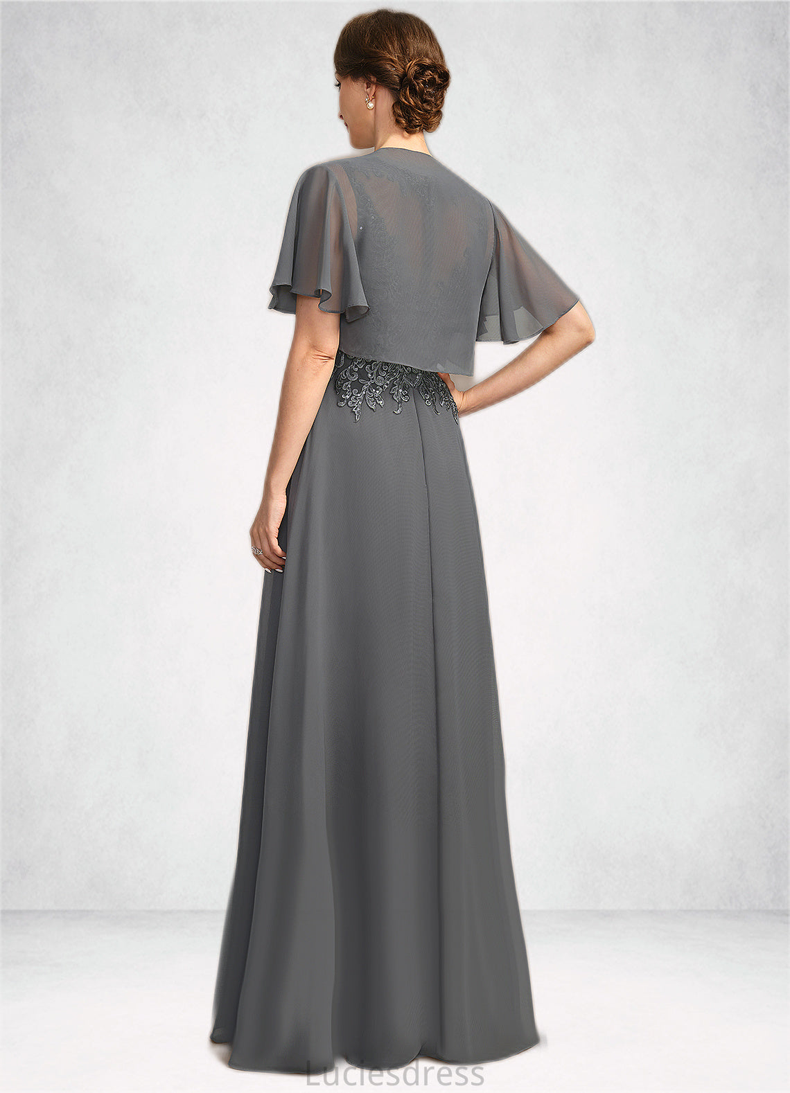 Valentina A-line Scoop Illusion Floor-Length Chiffon Lace Mother of the Bride Dress With Sequins HFP0021921