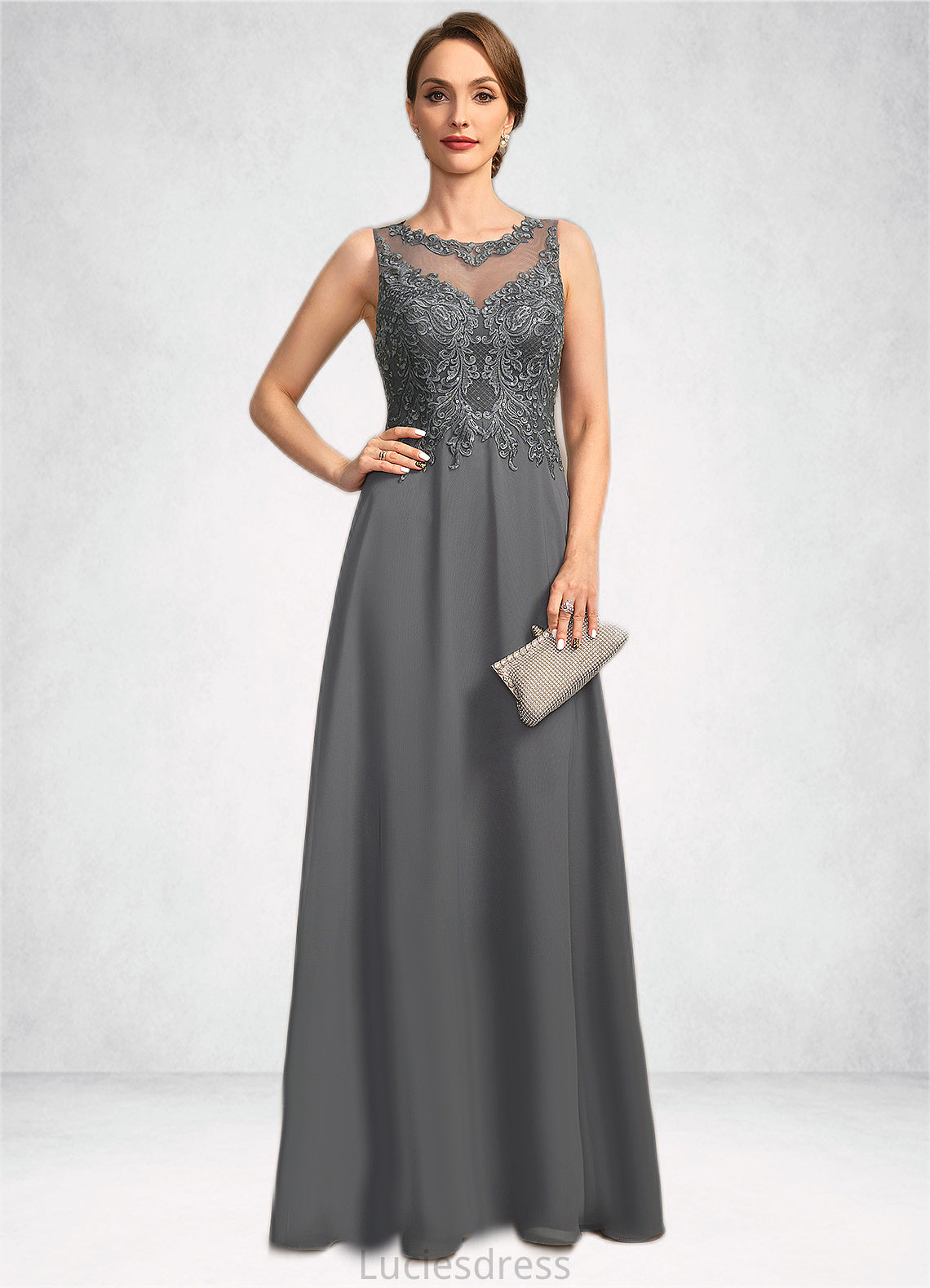 Valentina A-line Scoop Illusion Floor-Length Chiffon Lace Mother of the Bride Dress With Sequins HFP0021921