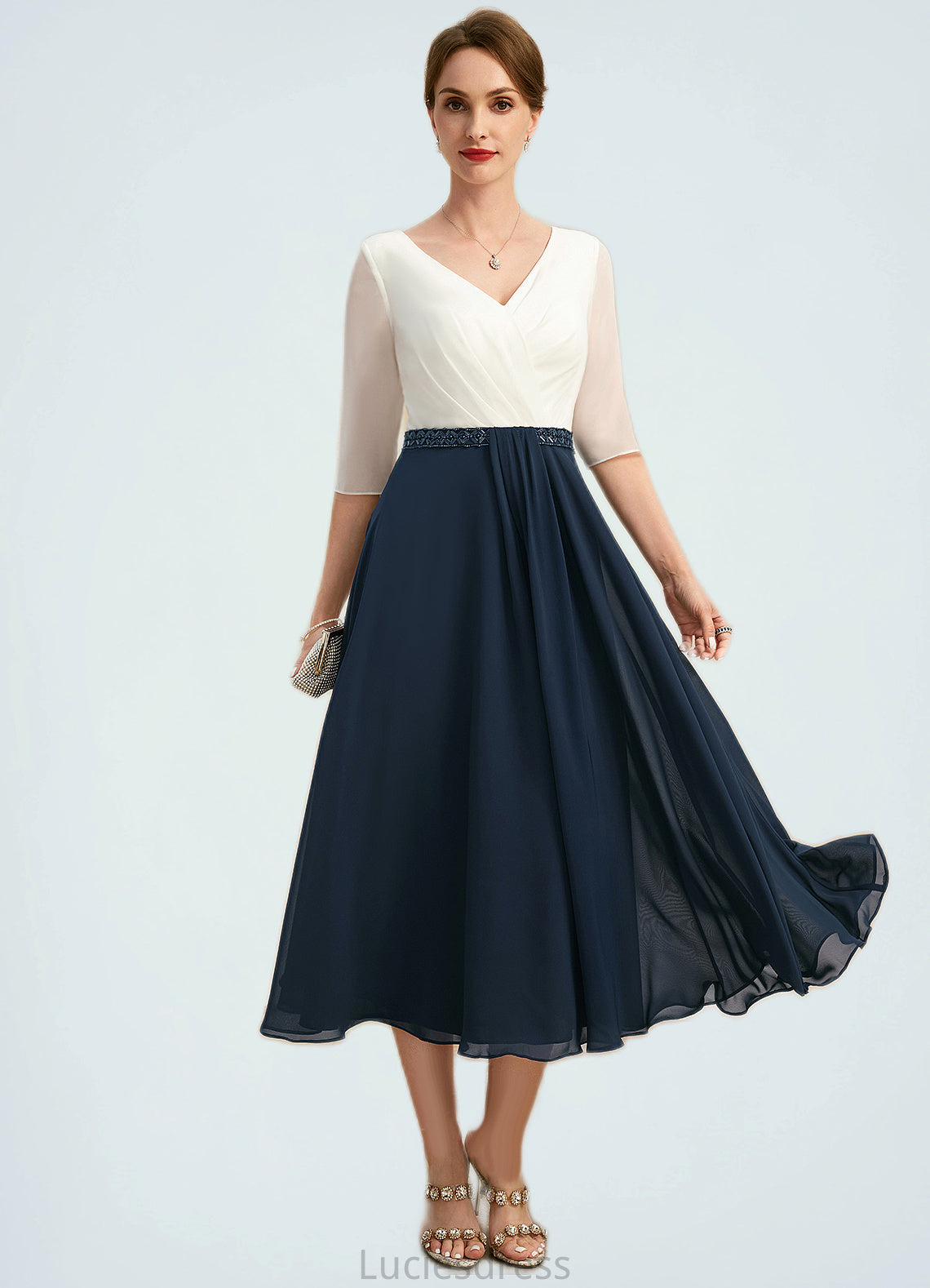 Annalise A-line V-Neck Tea-Length Chiffon Mother of the Bride Dress With Beading Pleated HFP0021923