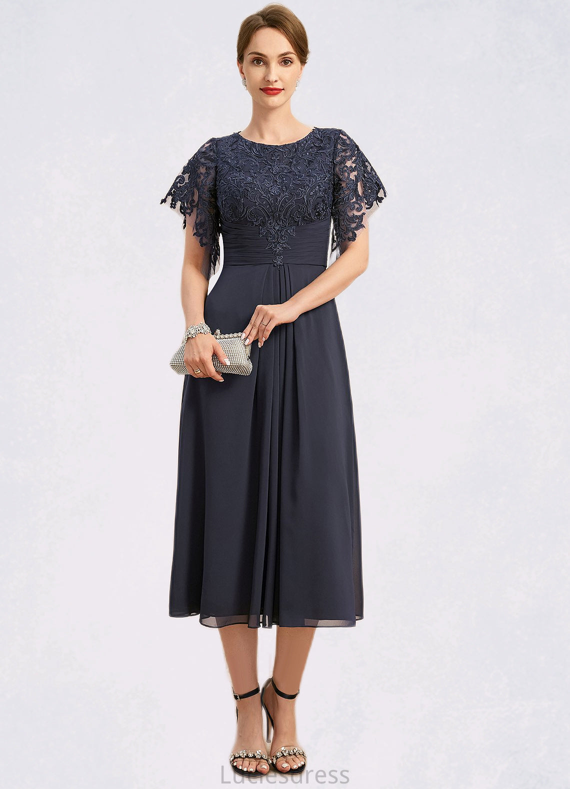 Gemma A-line Scoop Tea-Length Chiffon Lace Mother of the Bride Dress With Pleated HFP0021928