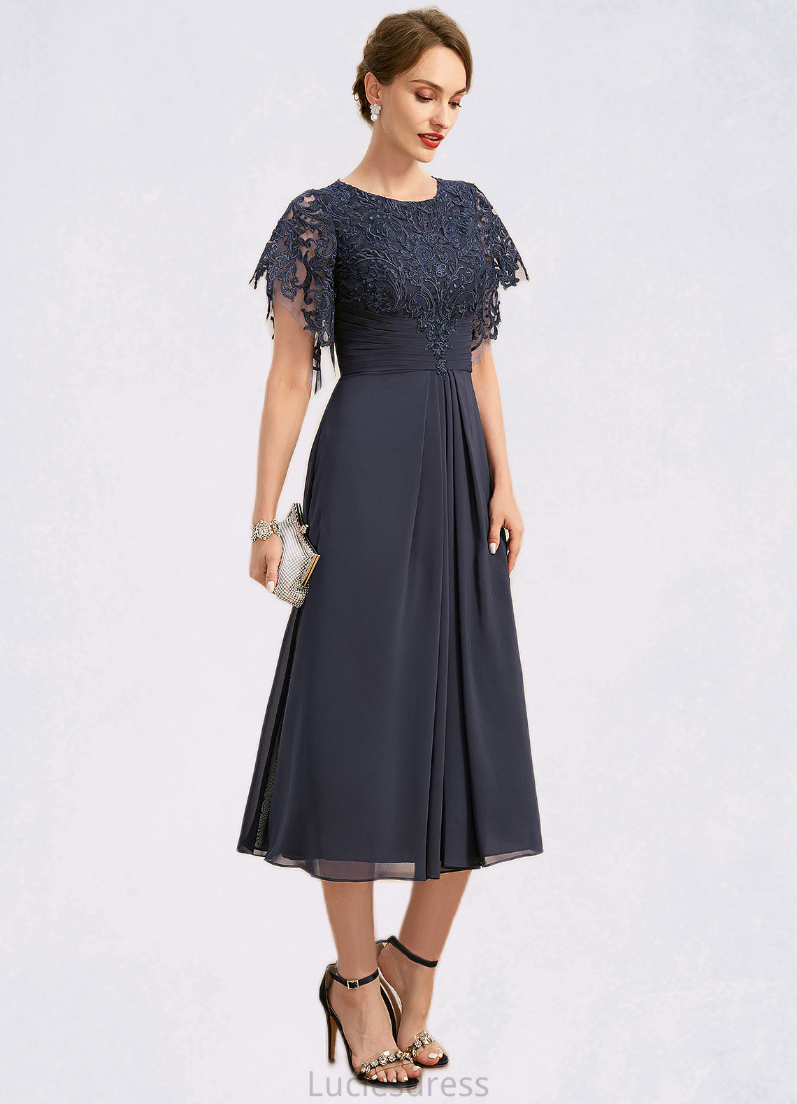 Gemma A-line Scoop Tea-Length Chiffon Lace Mother of the Bride Dress With Pleated HFP0021928