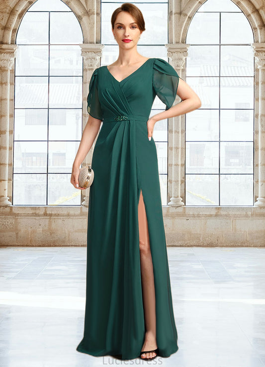 Vicky Sheath/Column V-Neck Floor-Length Chiffon Mother of the Bride Dress With Beading Pleated HFP0021949