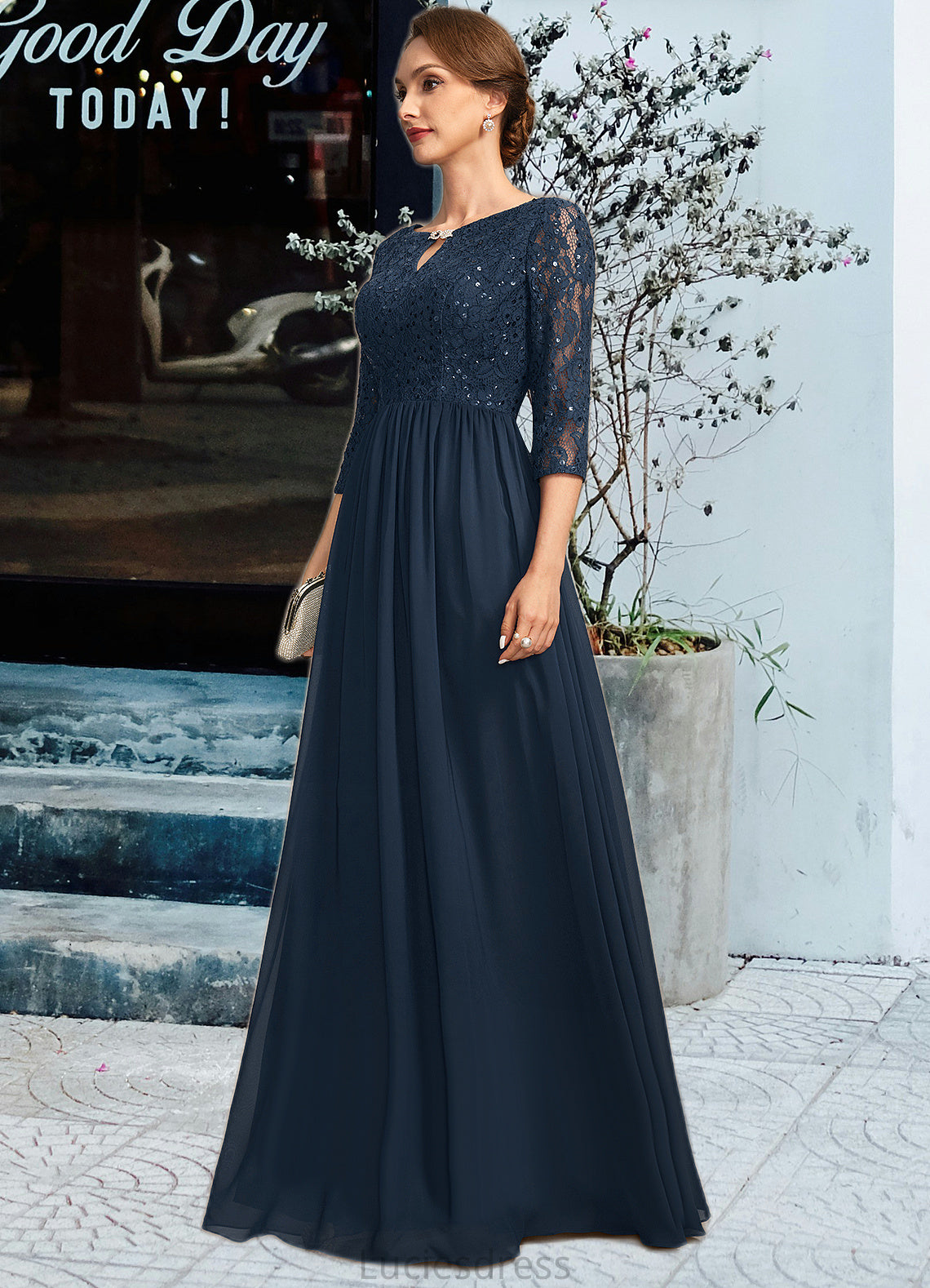 Salome A-line Scoop Floor-Length Chiffon Lace Mother of the Bride Dress With Crystal Brooch Sequins HFP0021961