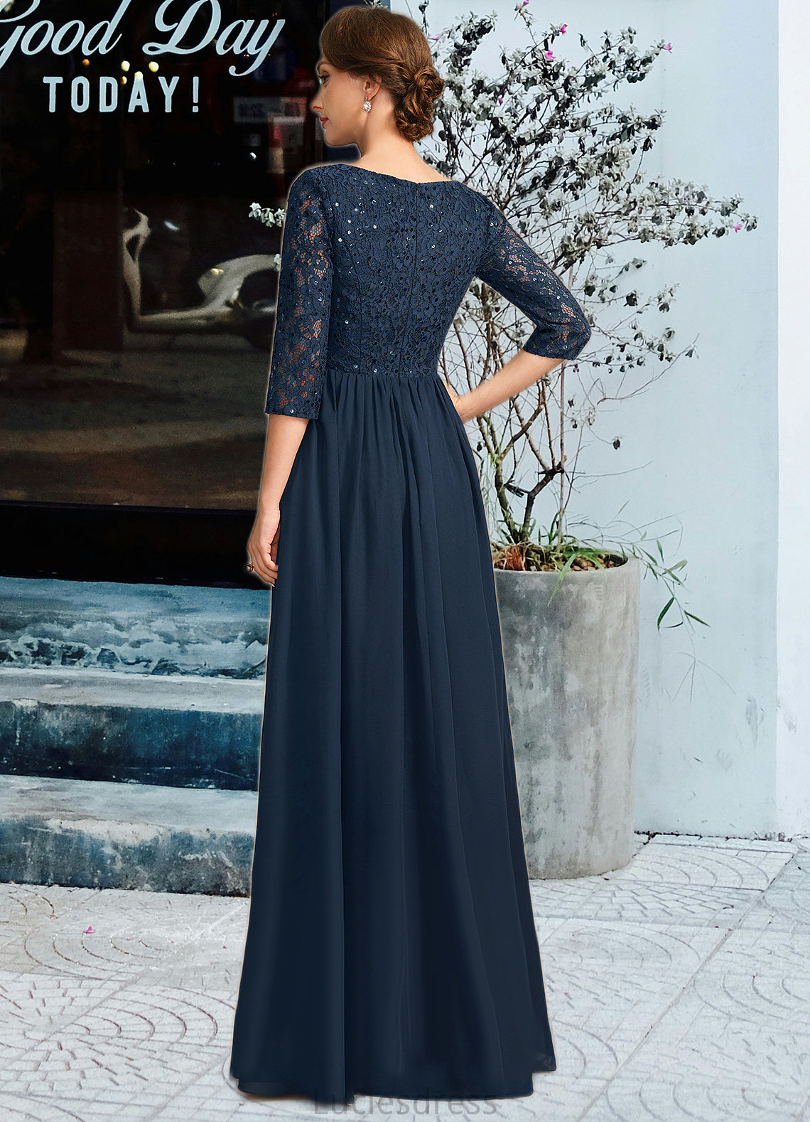 Salome A-line Scoop Floor-Length Chiffon Lace Mother of the Bride Dress With Crystal Brooch Sequins HFP0021961