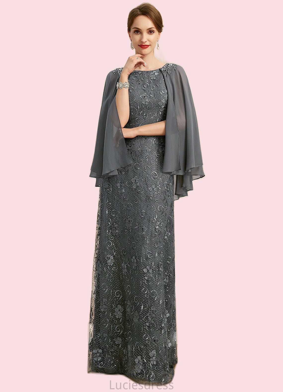 Skylar Sheath/Column Scoop Floor-Length Chiffon Lace Mother of the Bride Dress With Beading Sequins HFP0021962