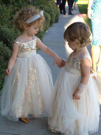 Cute Glitter A Line Gold Sequins Tulle Flower Girl Dresses, Little Girl Dresses STF15573