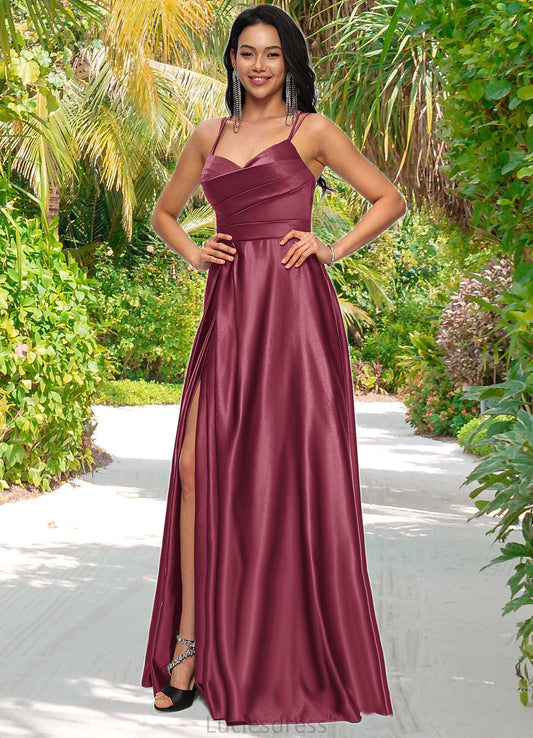 Yvonne A-line V-Neck Floor-Length Satin Prom Dresses HFP0022197