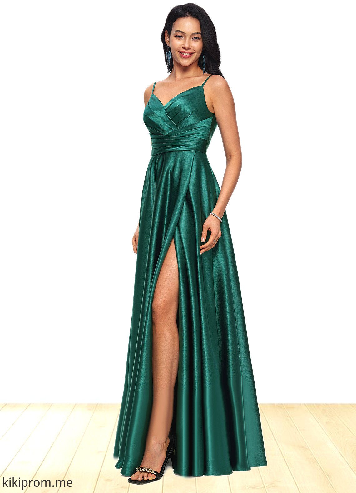 Willow A-line V-Neck Floor-Length Stretch Satin Prom Dresses STFP0022211