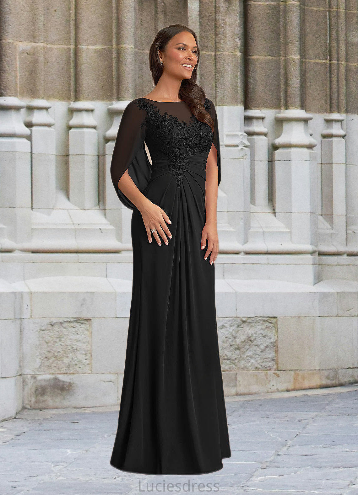 Carolina A-Line Lace Capelet Chiffon Floor-Length Dress HFP0022620