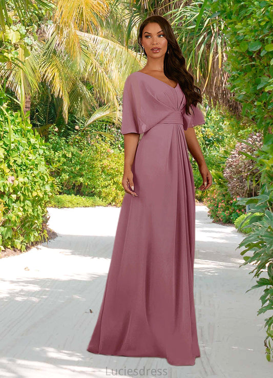 Hallie A-Line V-Neck Pleated Chiffon Floor-Length Dress HFP0022621