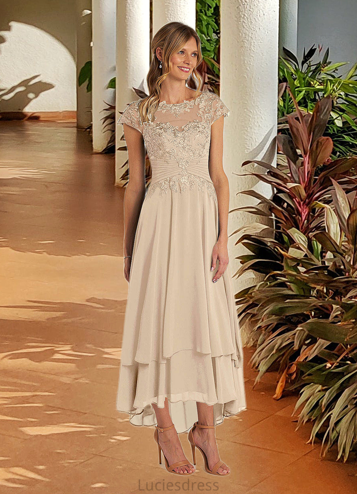 Evelin Boatneck Pleated Lace Chiffon Asymmetrical Dress HFP0022625