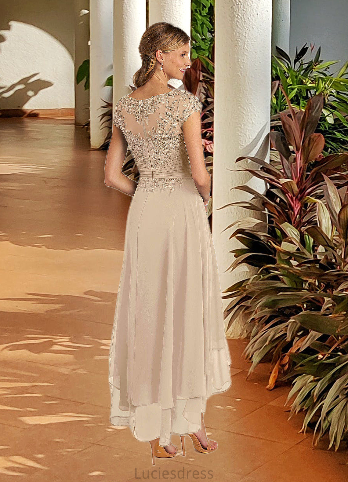 Evelin Boatneck Pleated Lace Chiffon Asymmetrical Dress HFP0022625