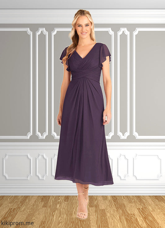 Nina A-Line V-Neck Pleated Mesh Tea-Length Dress STFP0022626