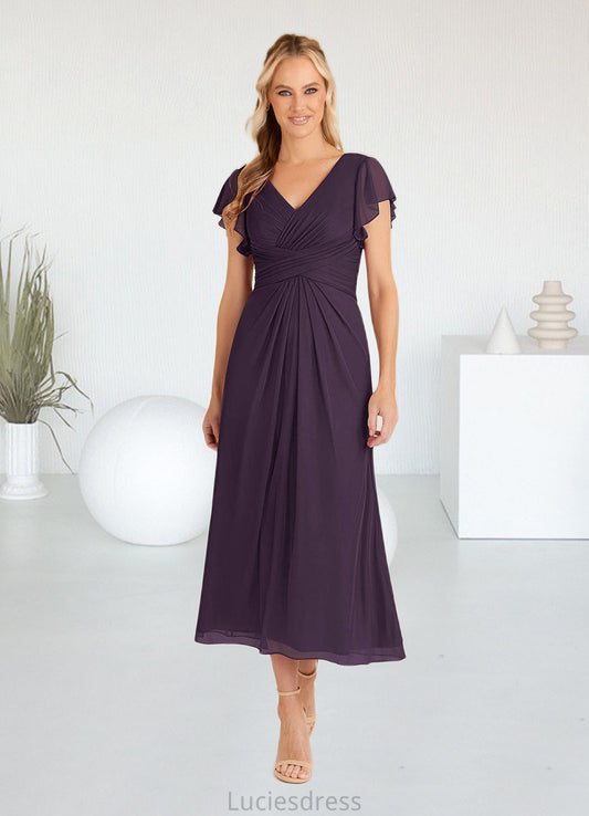 Renata A-Line V-Neck Pleated Mesh Tea-Length Dress HFP0022626