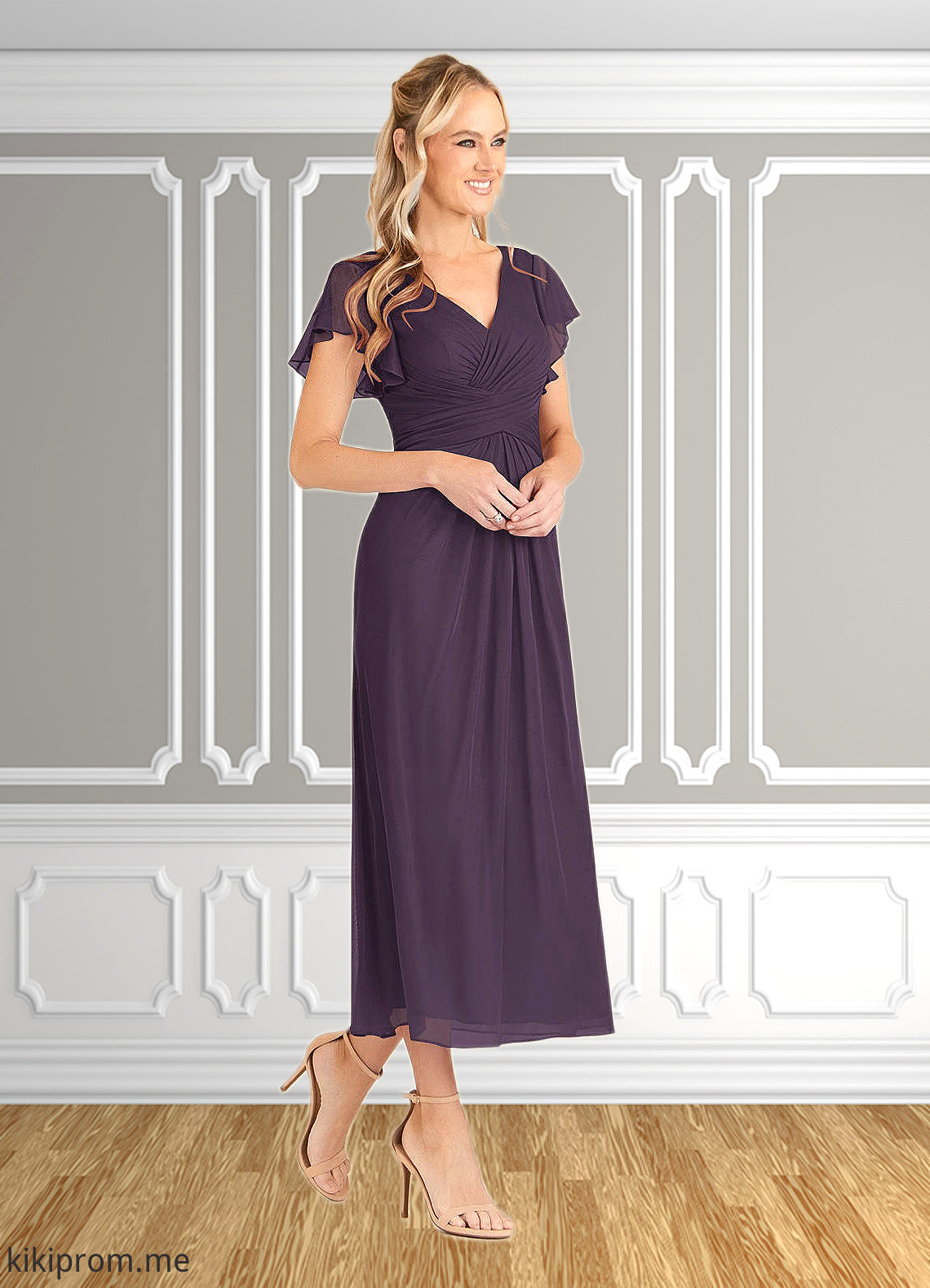 Nina A-Line V-Neck Pleated Mesh Tea-Length Dress STFP0022626