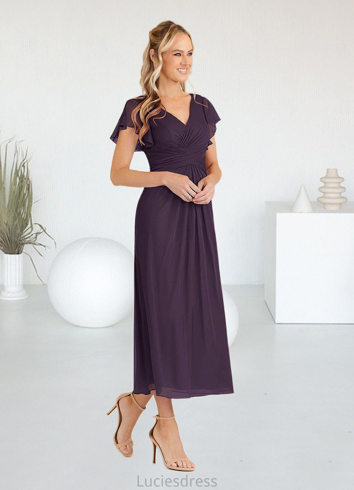 Renata A-Line V-Neck Pleated Mesh Tea-Length Dress HFP0022626