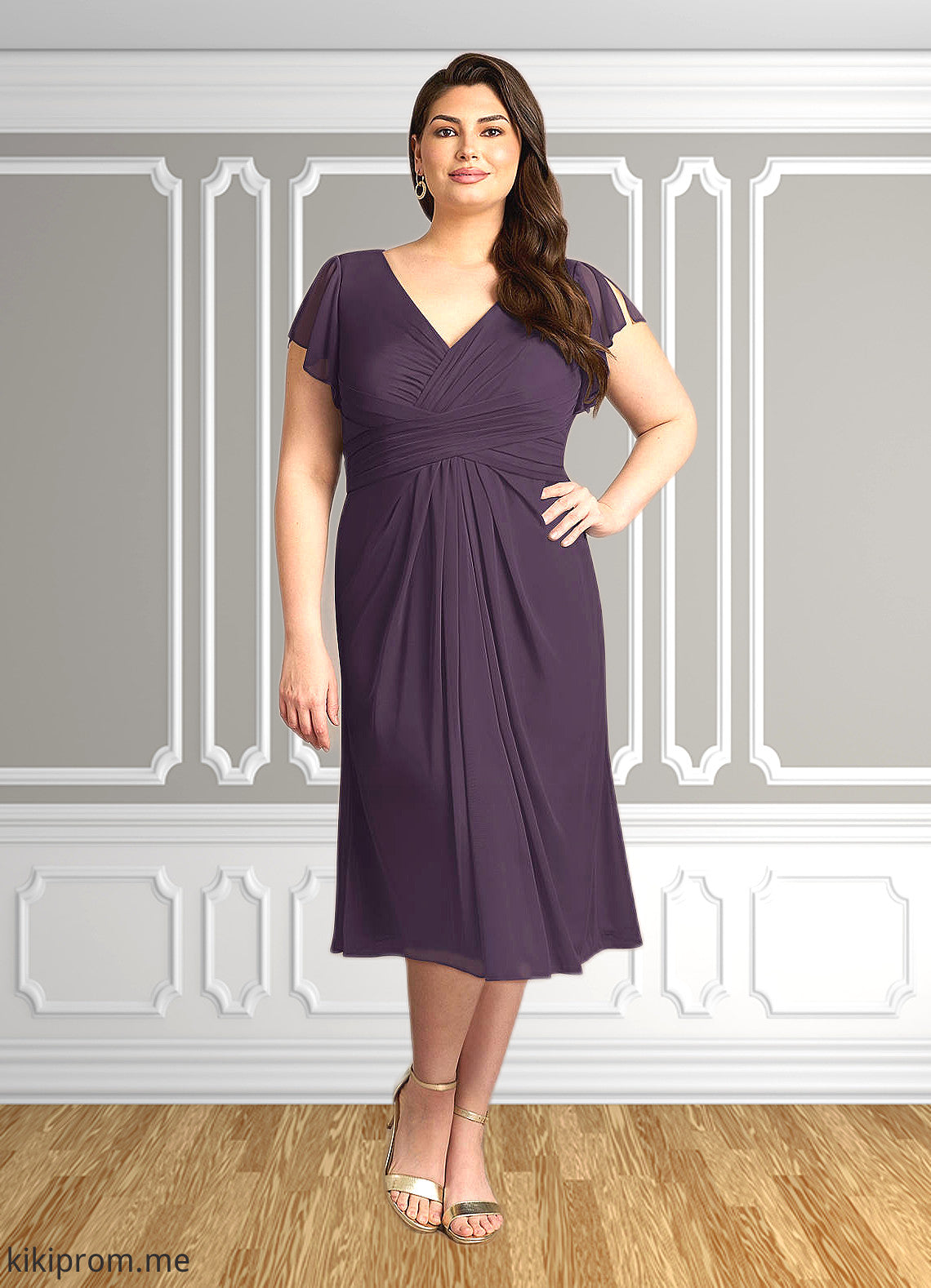 Nina A-Line V-Neck Pleated Mesh Tea-Length Dress STFP0022626