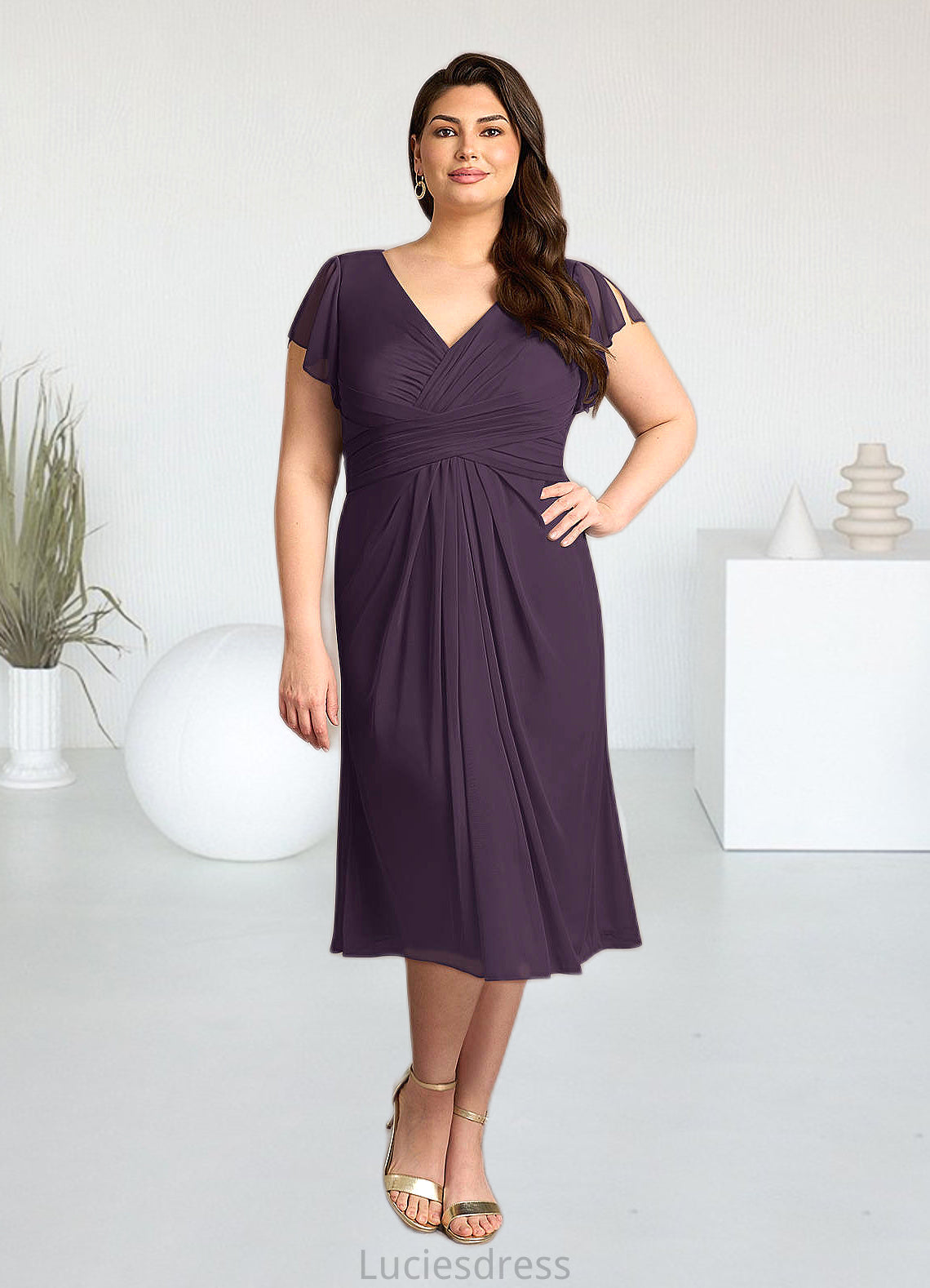 Renata A-Line V-Neck Pleated Mesh Tea-Length Dress HFP0022626