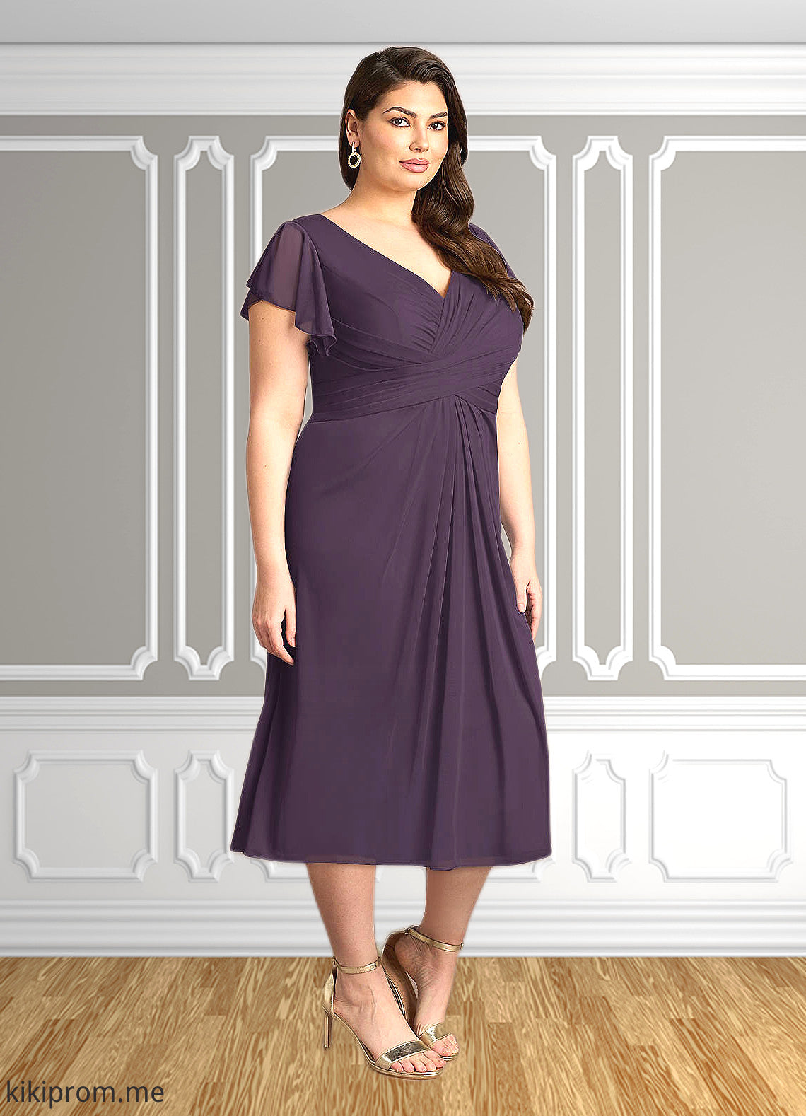 Nina A-Line V-Neck Pleated Mesh Tea-Length Dress STFP0022626