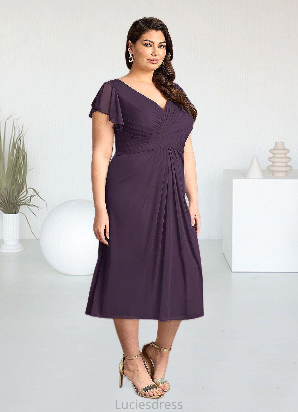 Evelyn A-Line V-Neck Pleated Mesh Tea-Length Dress HFP0022626