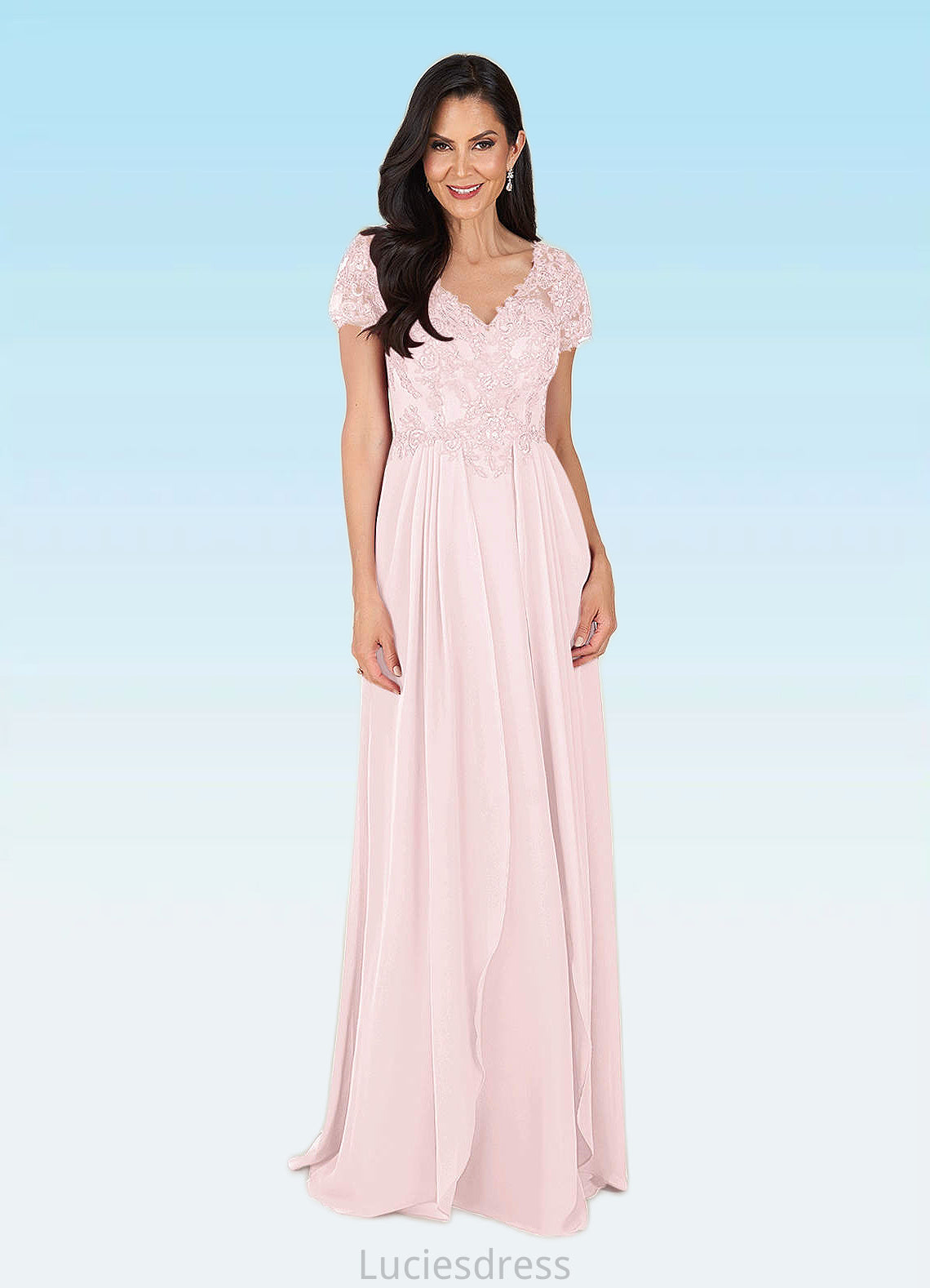 Scarlet A-Line V-Neck Lace Chiffon Floor-Length Dress HFP0022629