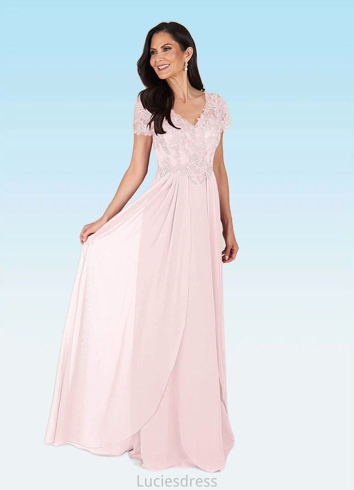 Scarlet A-Line V-Neck Lace Chiffon Floor-Length Dress HFP0022629