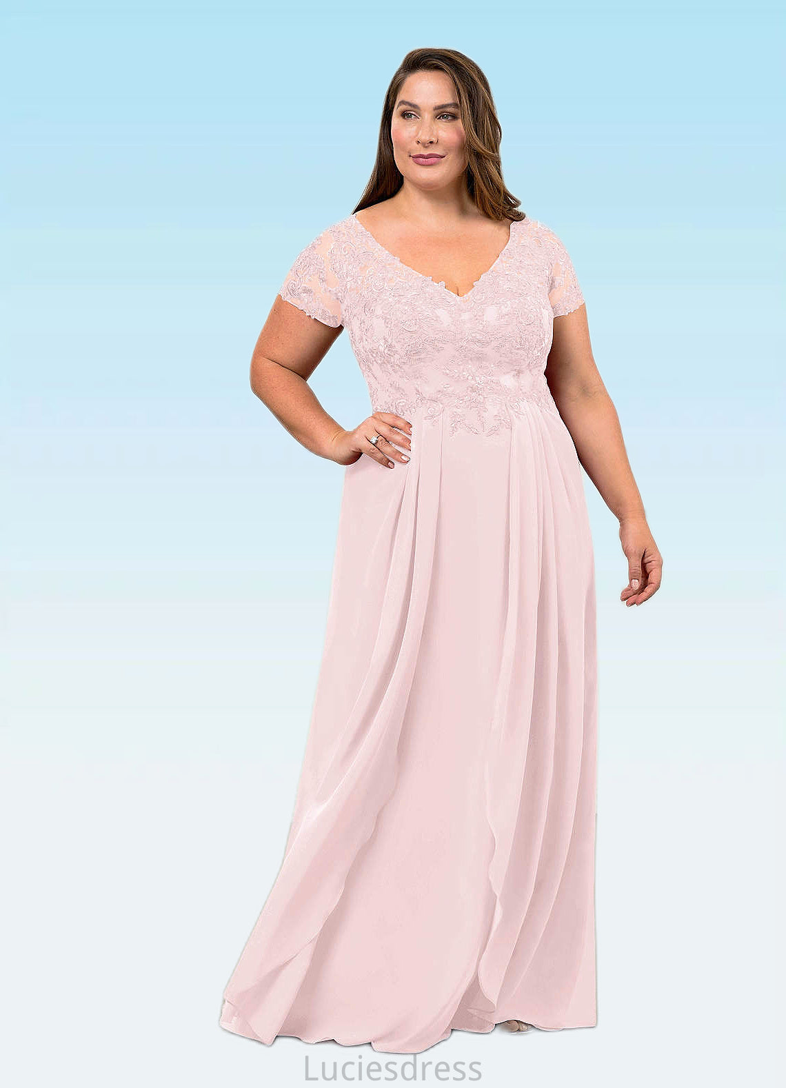 Scarlet A-Line V-Neck Lace Chiffon Floor-Length Dress HFP0022629