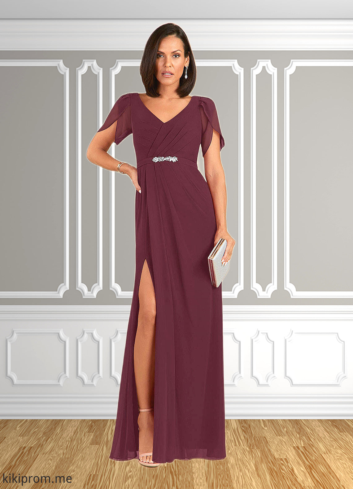 Jamiya Sheath V-Neck Pleated Chiffon Floor-Length Dress STFP0022630