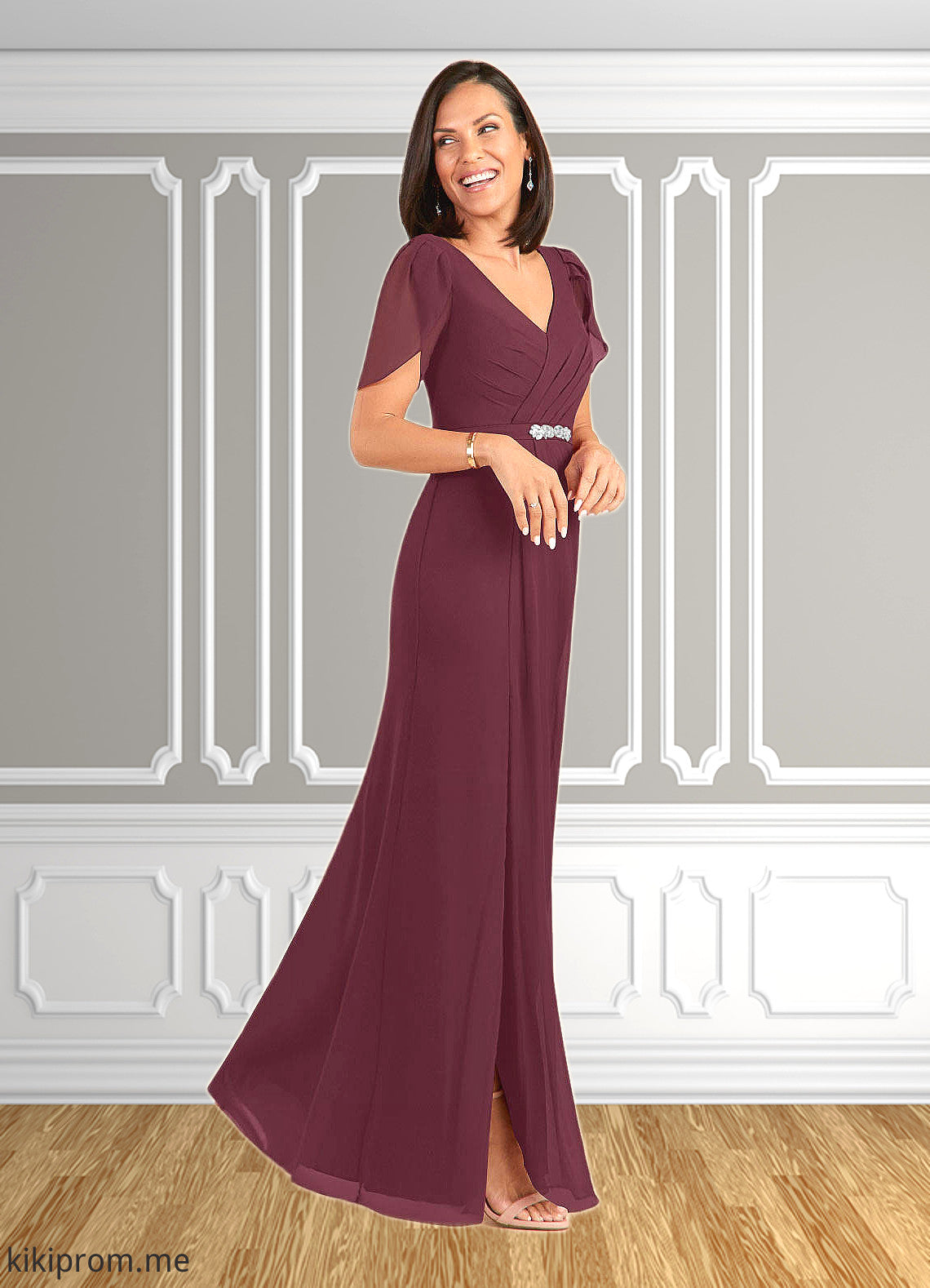 Jamiya Sheath V-Neck Pleated Chiffon Floor-Length Dress STFP0022630