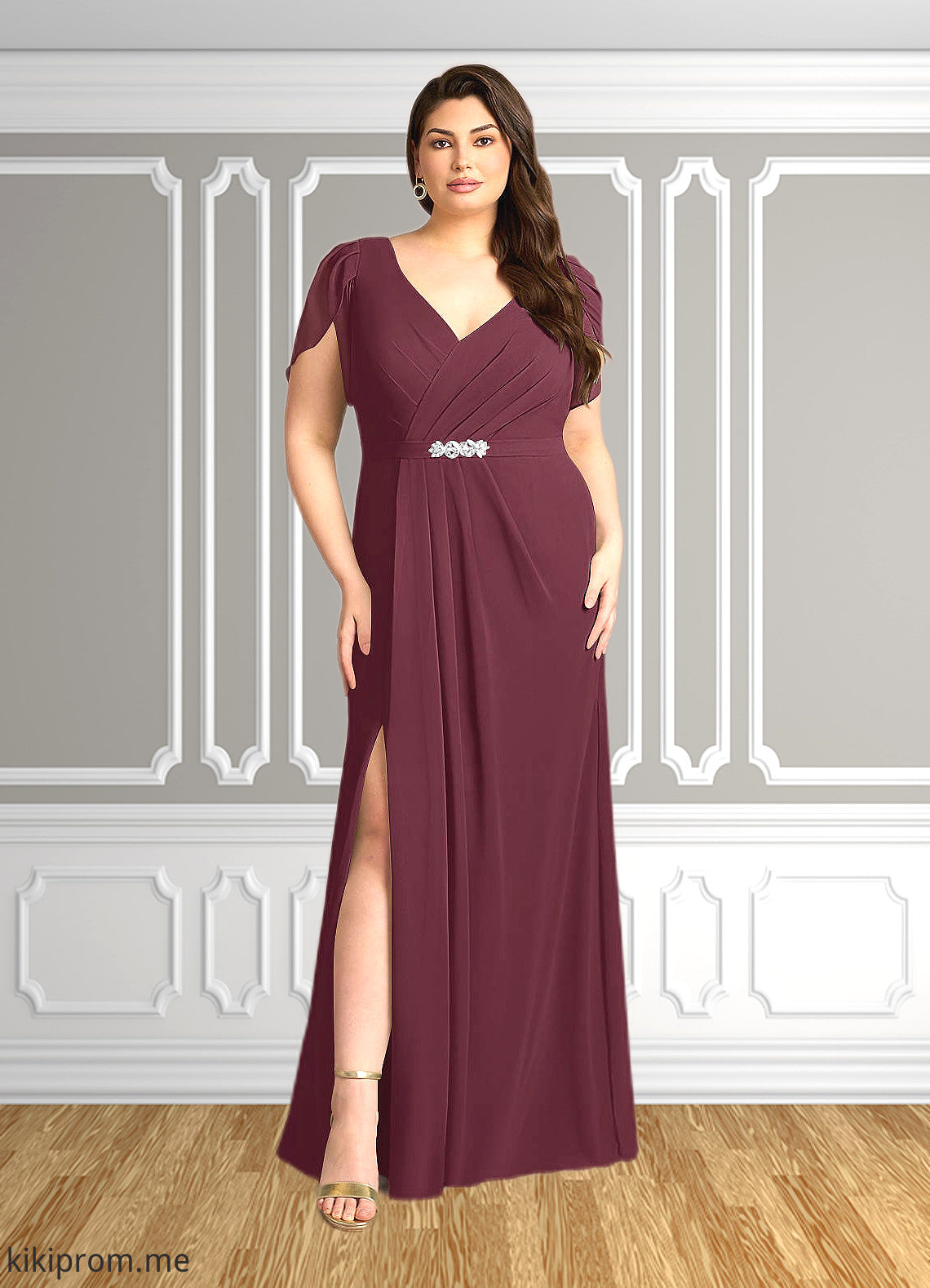 Jamiya Sheath V-Neck Pleated Chiffon Floor-Length Dress STFP0022630