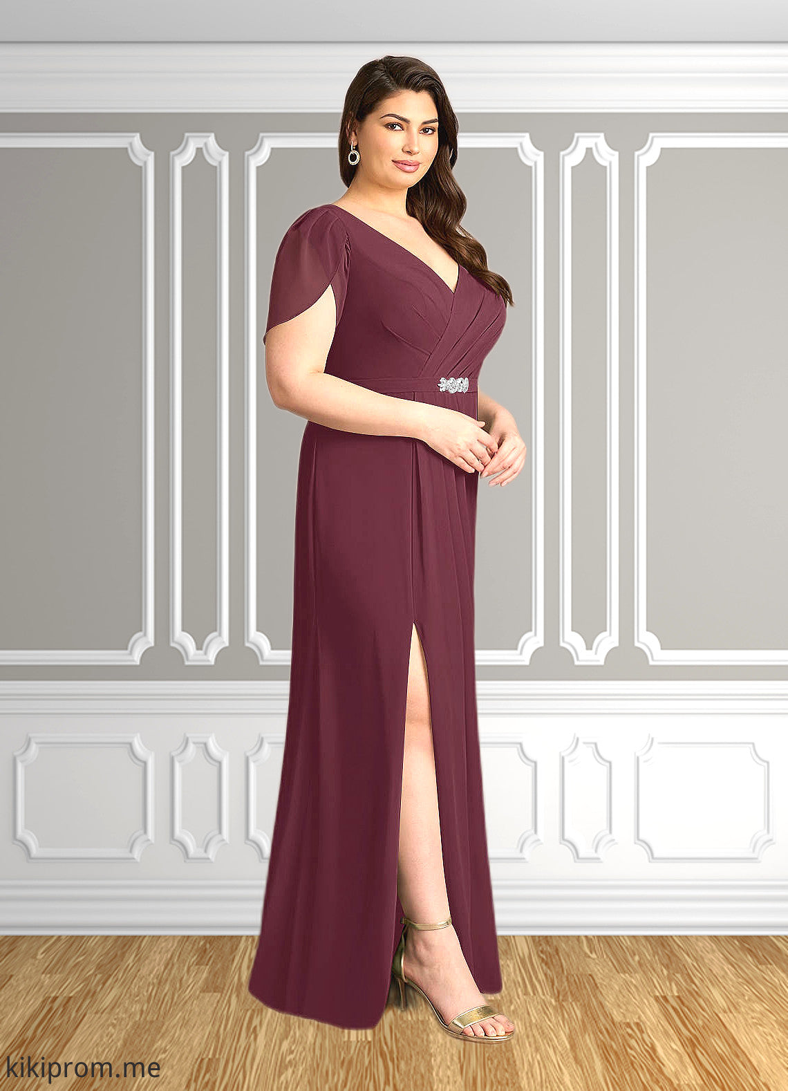 Jamiya Sheath V-Neck Pleated Chiffon Floor-Length Dress STFP0022630