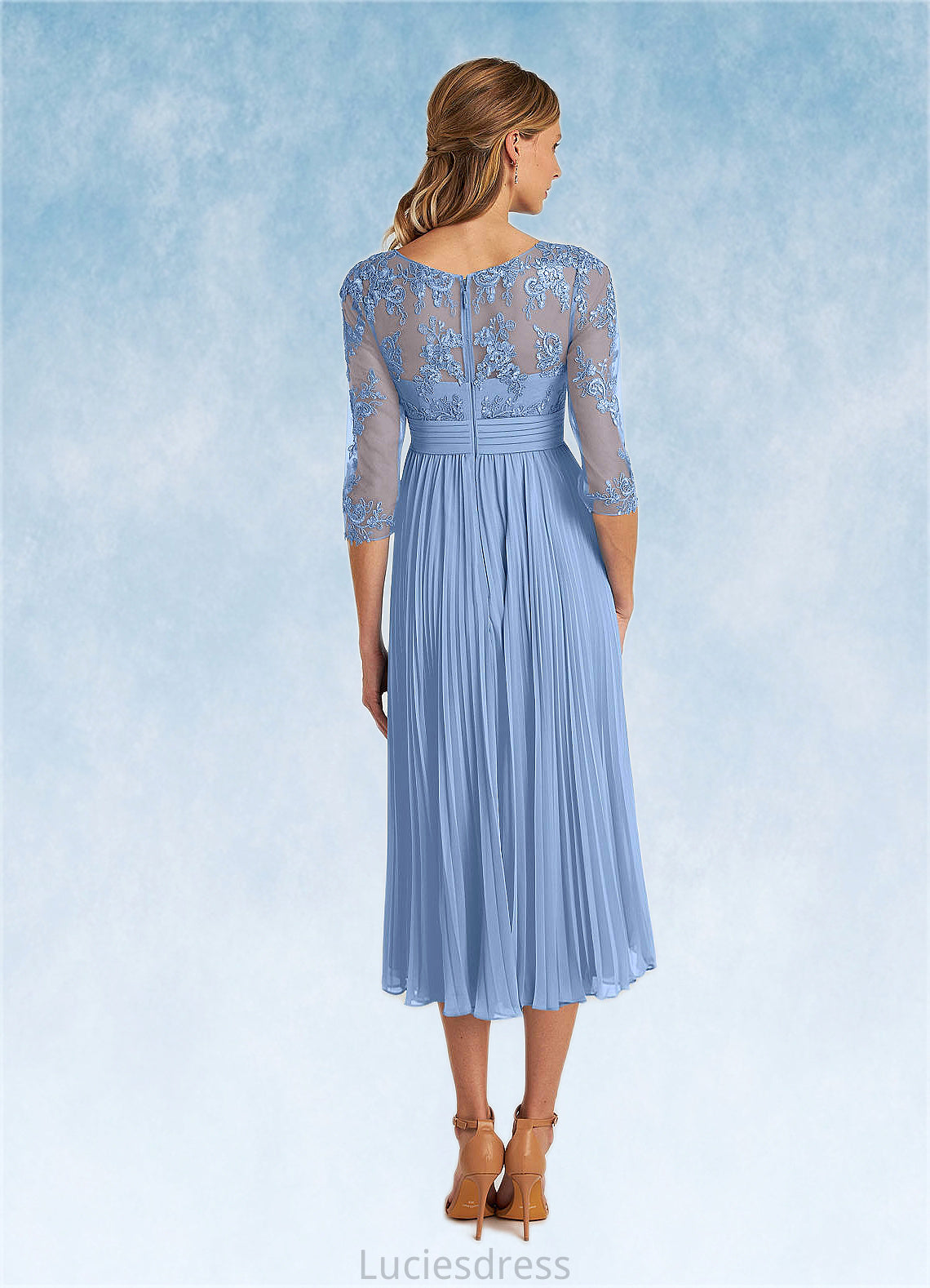 Louisa A-Line Boatneck Lace Chiffon Tea-Length Dress HFP0022636