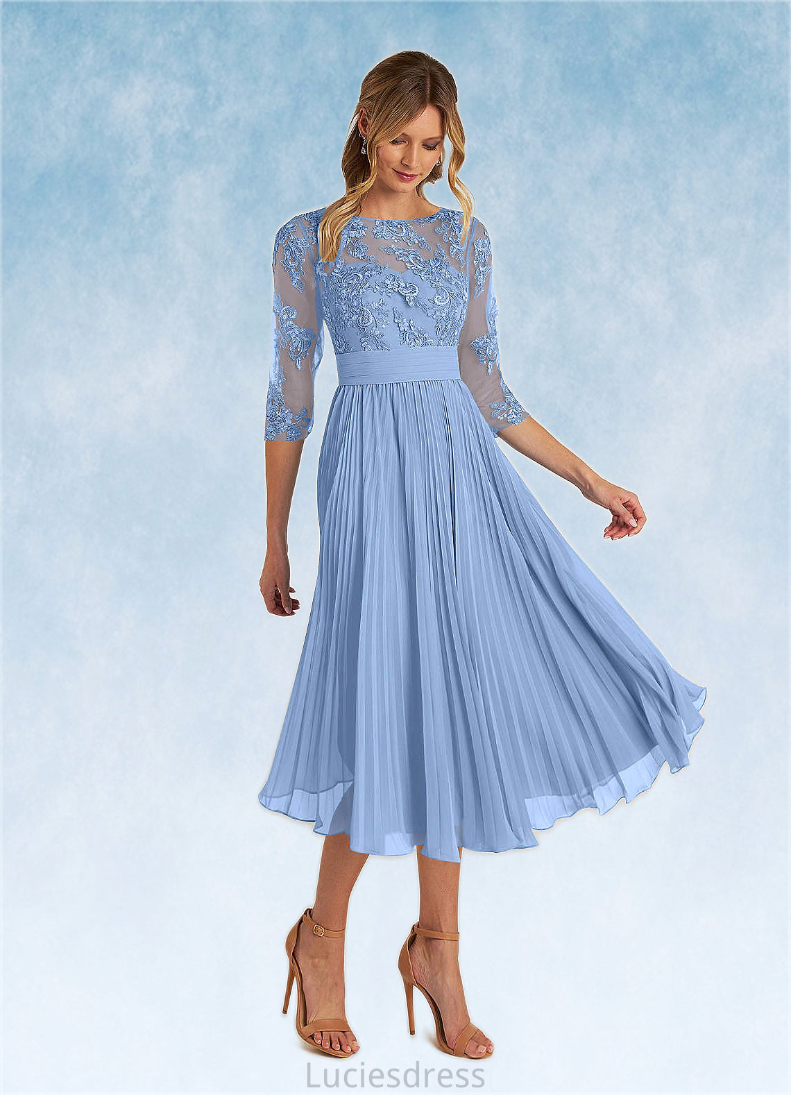 Louisa A-Line Boatneck Lace Chiffon Tea-Length Dress HFP0022636