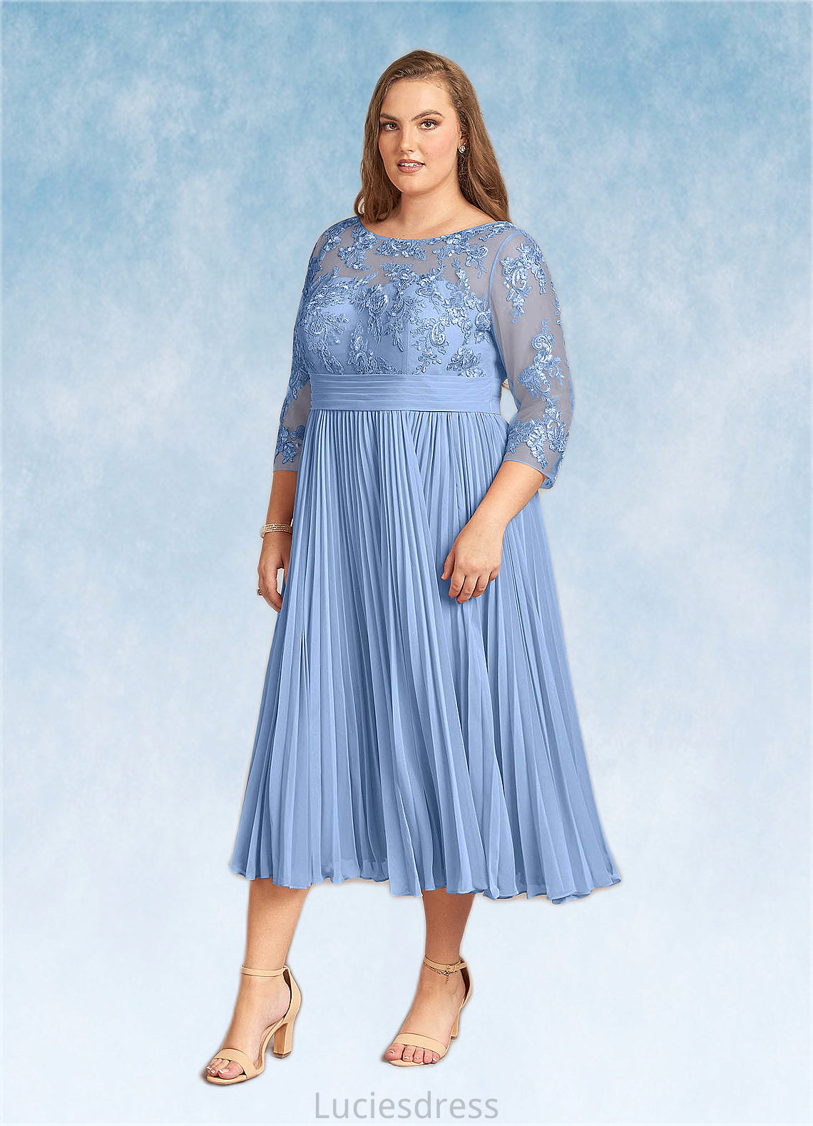 Louisa A-Line Boatneck Lace Chiffon Tea-Length Dress HFP0022636