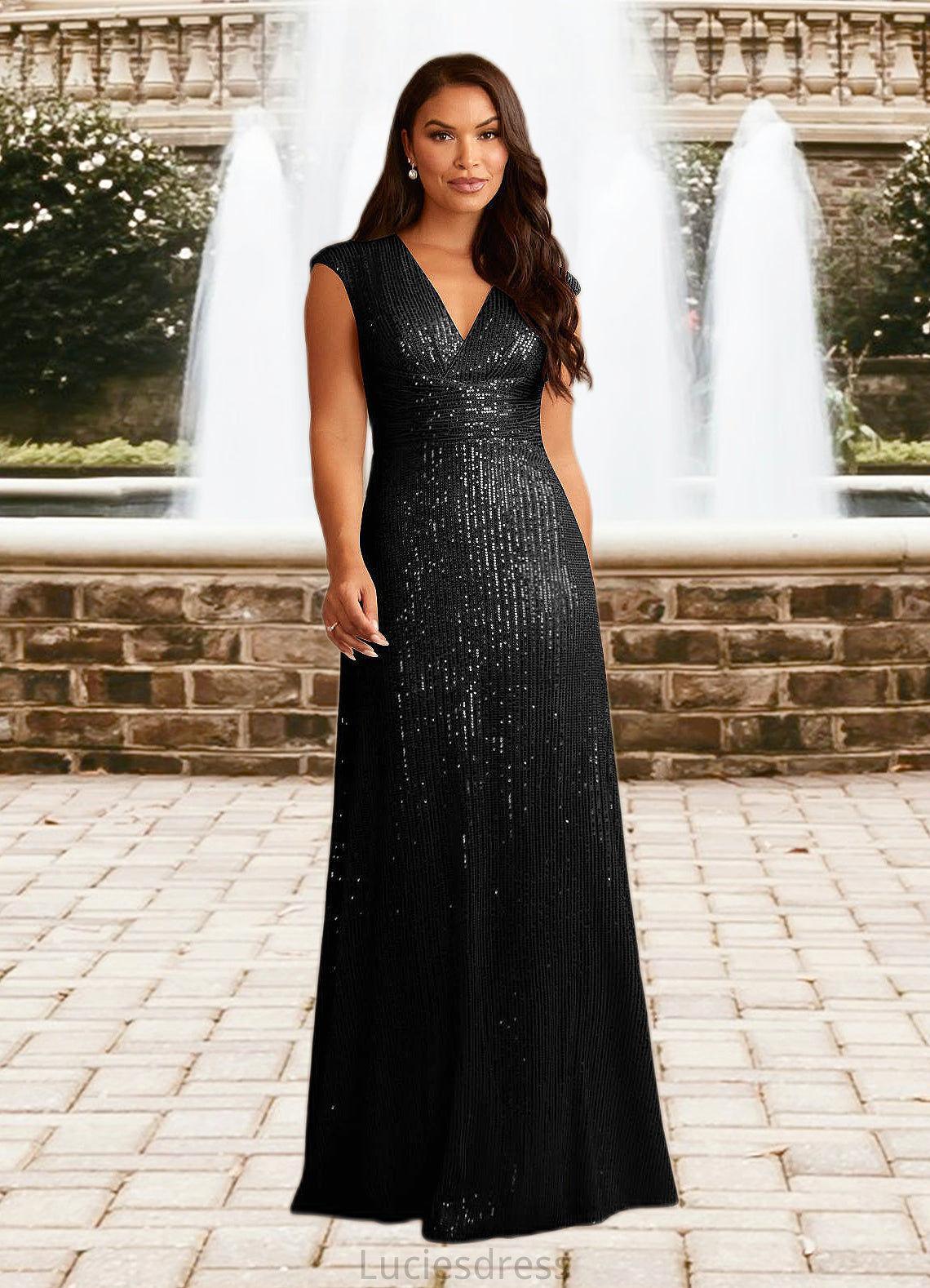 Karina A-Line V-Neck Ruched Sequins Floor-Length Dress HFP0022637