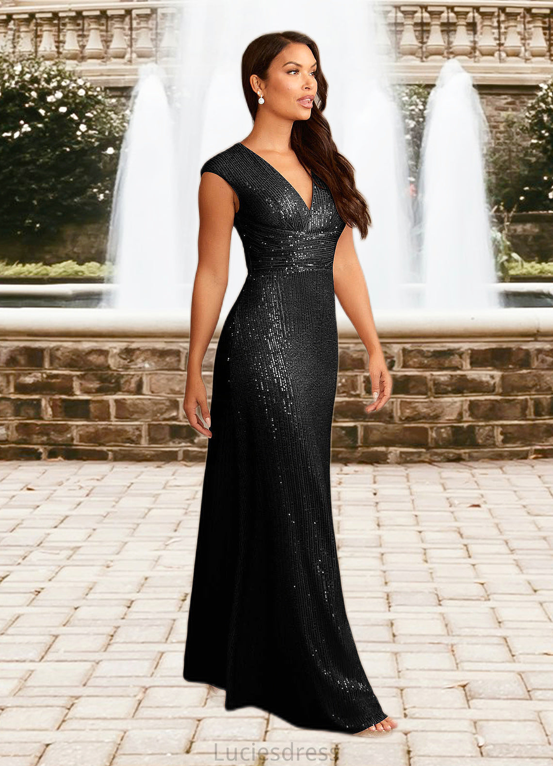 Karina A-Line V-Neck Ruched Sequins Floor-Length Dress HFP0022637