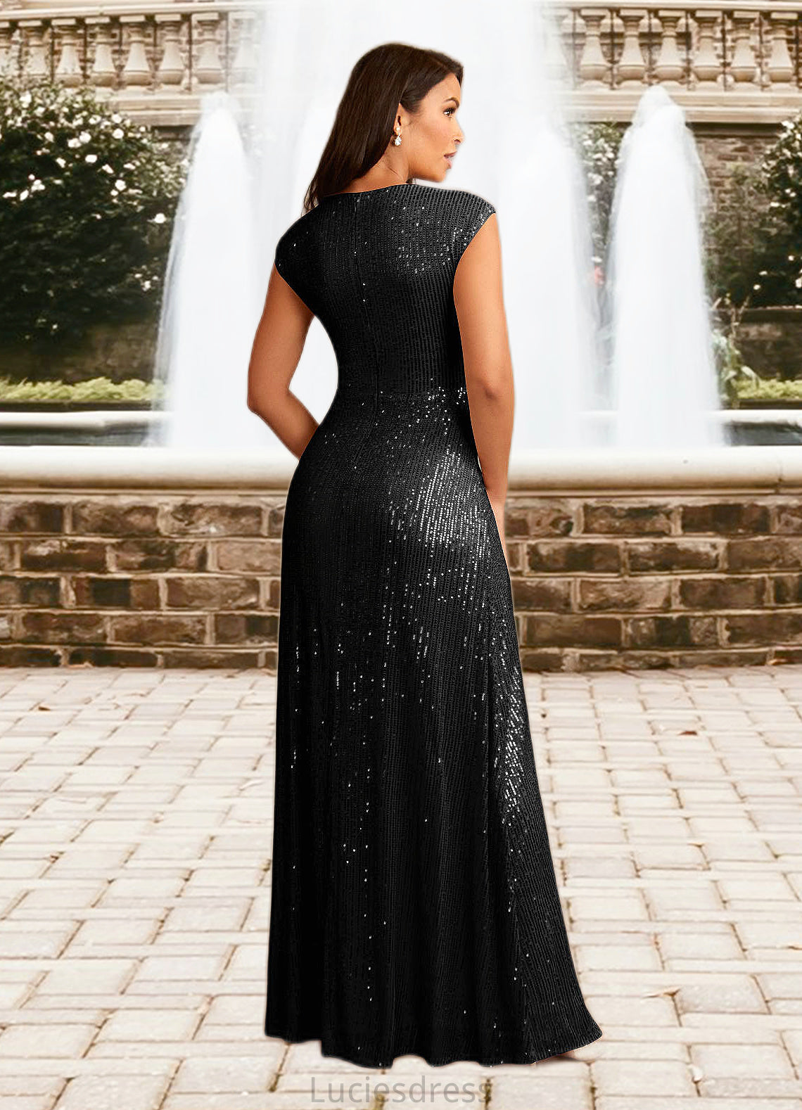 Karina A-Line V-Neck Ruched Sequins Floor-Length Dress HFP0022637