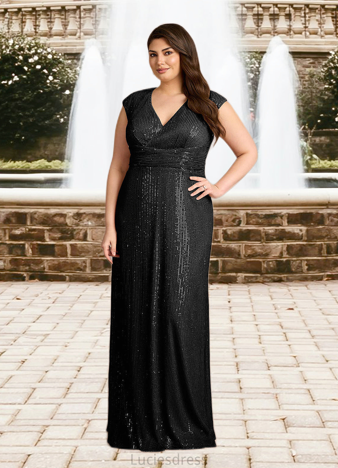 Karina A-Line V-Neck Ruched Sequins Floor-Length Dress HFP0022637