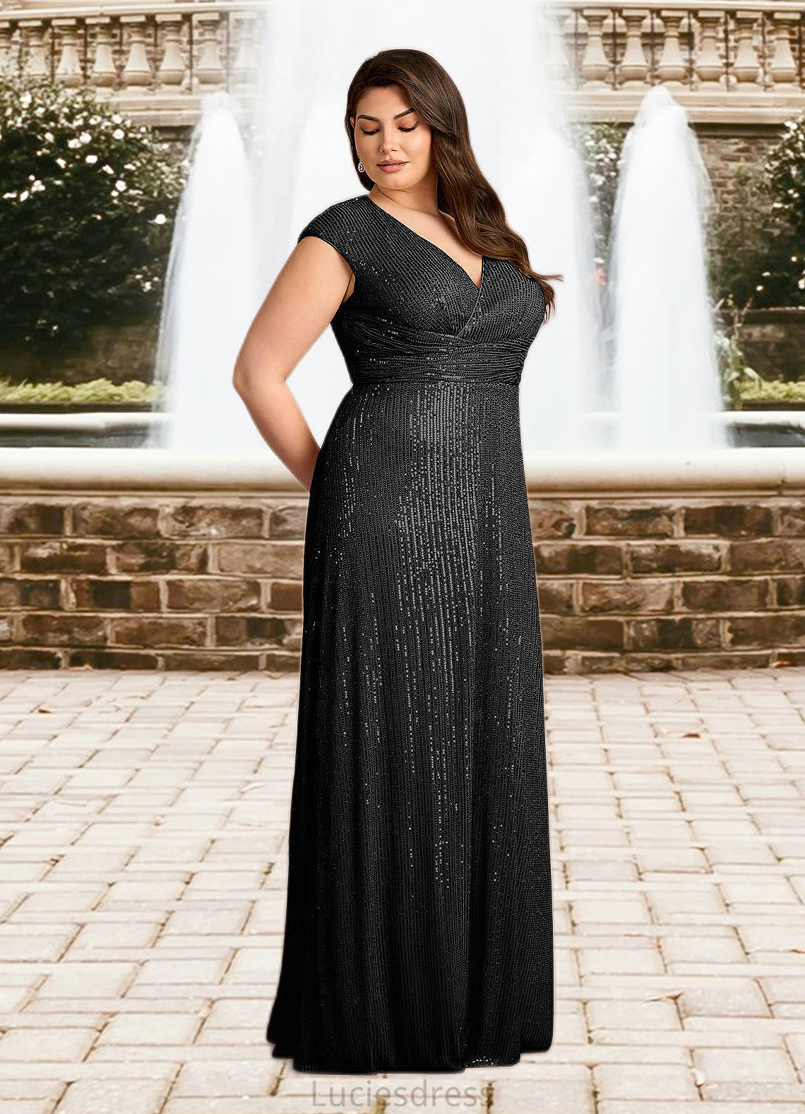 Karina A-Line V-Neck Ruched Sequins Floor-Length Dress HFP0022637