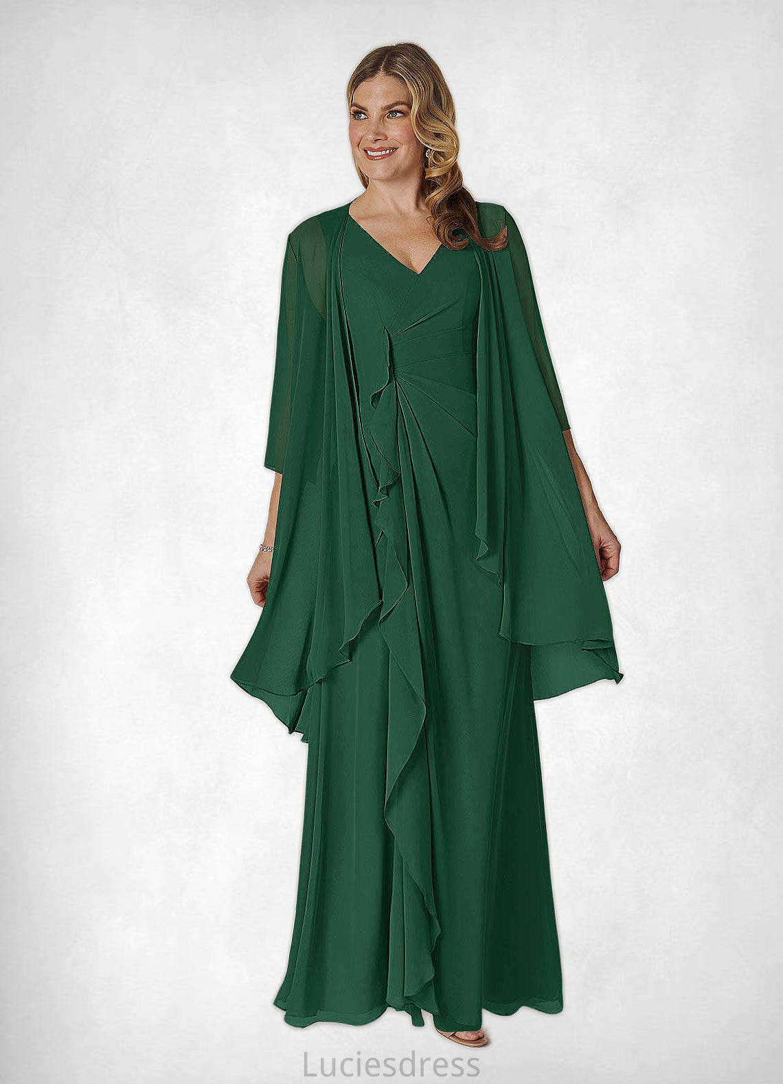 Chelsea A-Line V-Neck Pleated Chiffon Floor-Length Dress HFP0022639