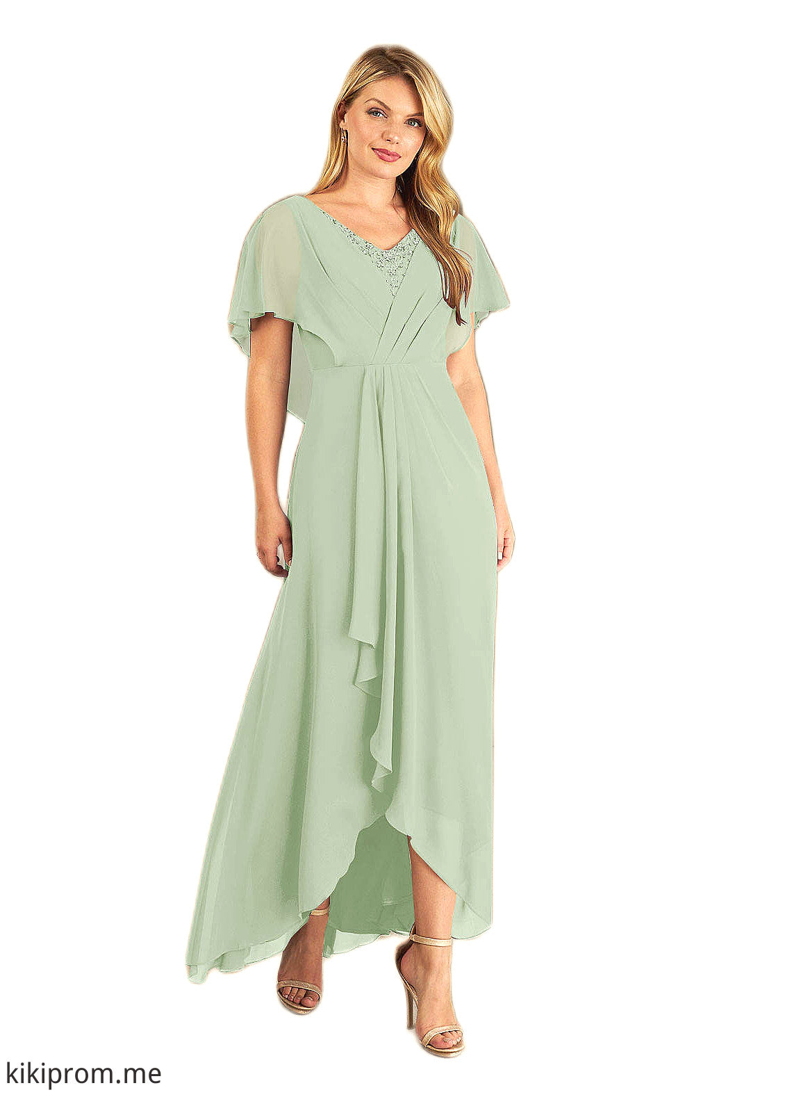 Audrey A-Line V-Neck Pleated Chiffon Asymmetrical Dress STFP0022640