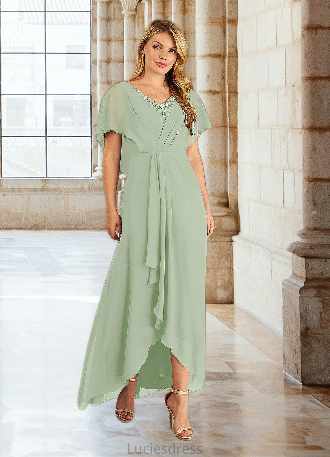 Ainsley A-Line V-Neck Pleated Chiffon Asymmetrical Dress HFP0022640