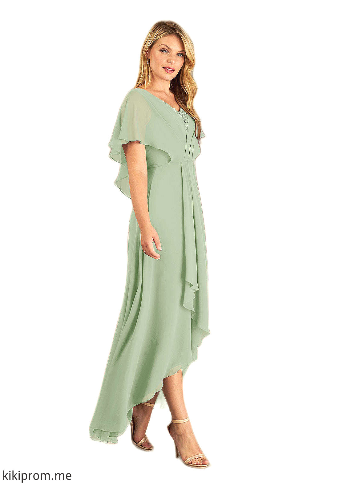 Audrey A-Line V-Neck Pleated Chiffon Asymmetrical Dress STFP0022640