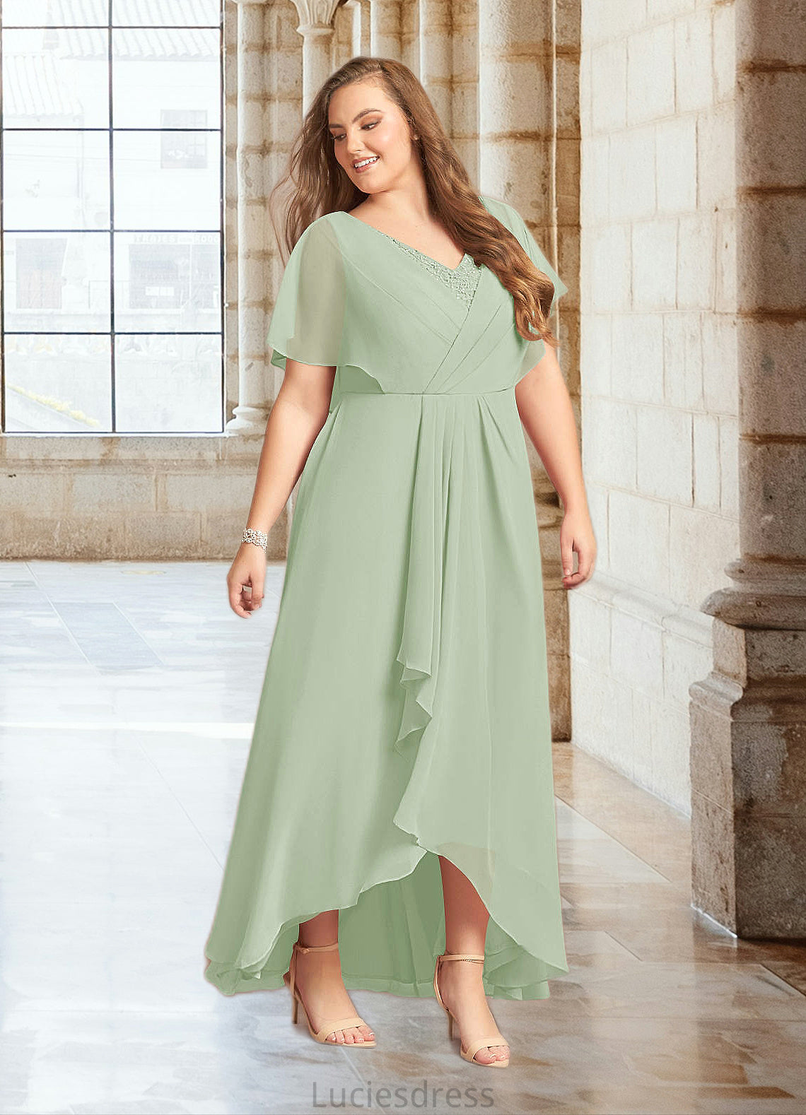 Ainsley A-Line V-Neck Pleated Chiffon Asymmetrical Dress HFP0022640