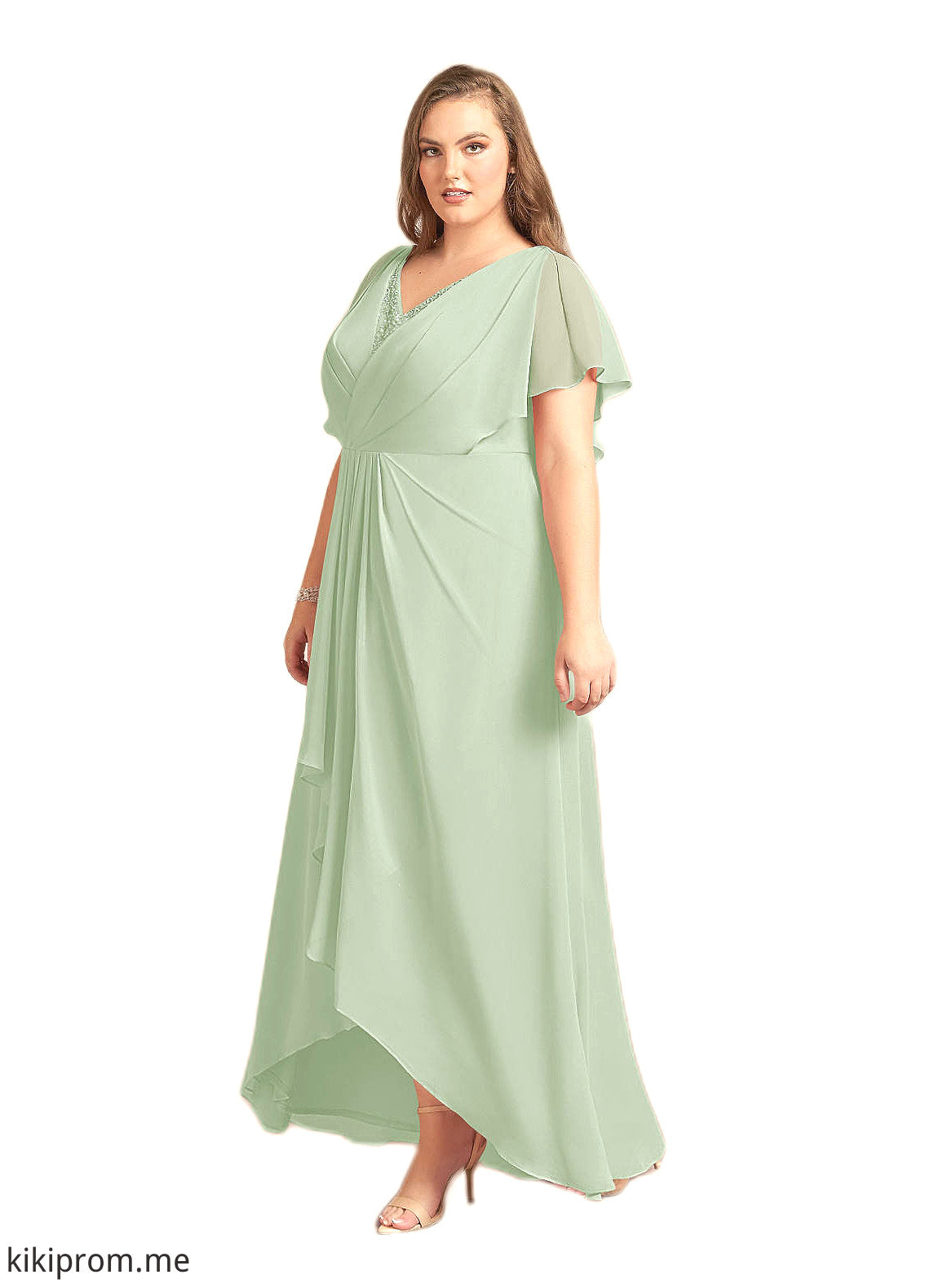 Audrey A-Line V-Neck Pleated Chiffon Asymmetrical Dress STFP0022640