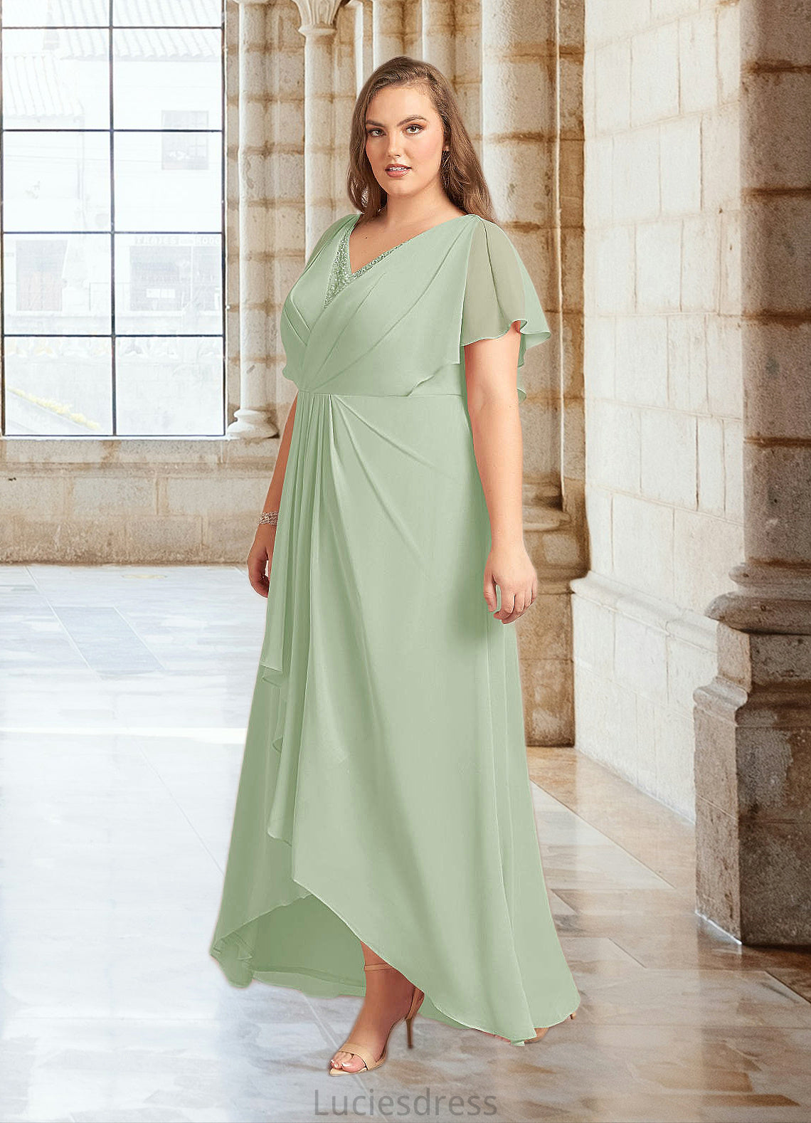 Ainsley A-Line V-Neck Pleated Chiffon Asymmetrical Dress HFP0022640