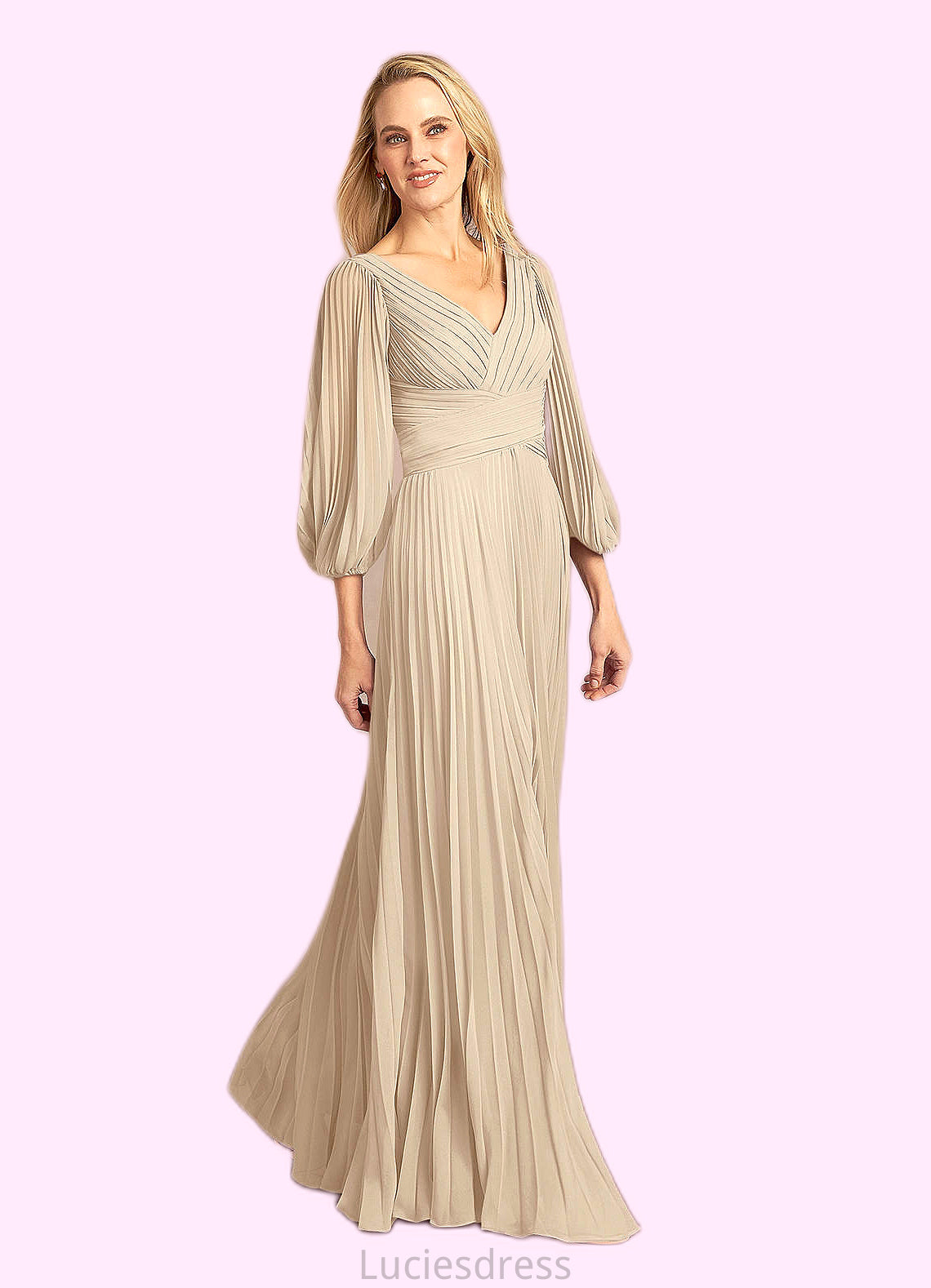 Perla A-Line V-Neck Pleated Chiffon Floor-Length Dress HFP0022642