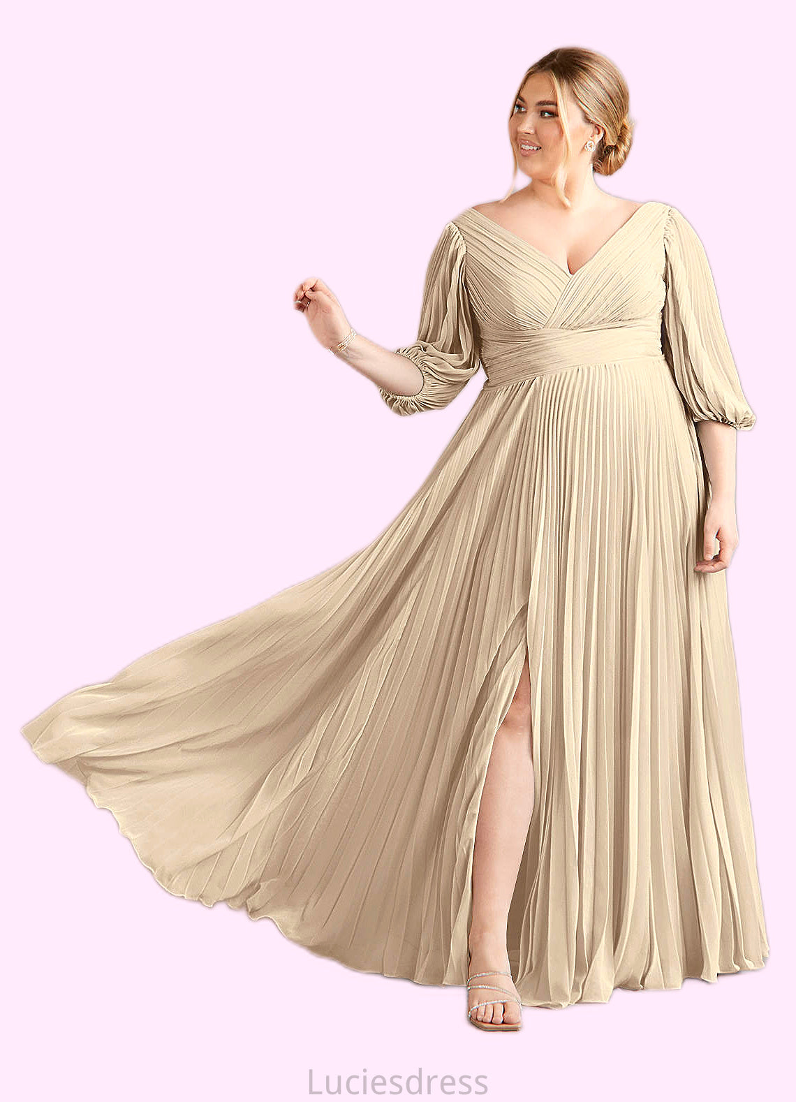 Perla A-Line V-Neck Pleated Chiffon Floor-Length Dress HFP0022642