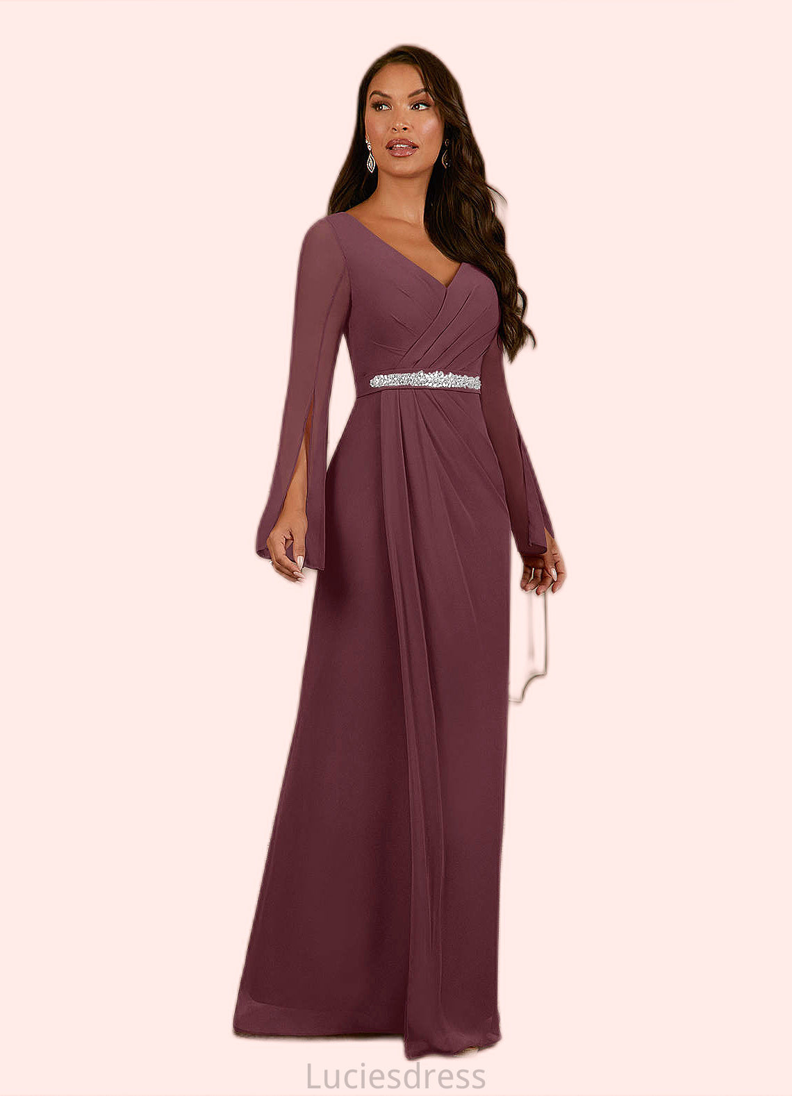 Maleah A-Line V-Neck Pleated Chiffon Floor-Length Dress HFP0022656